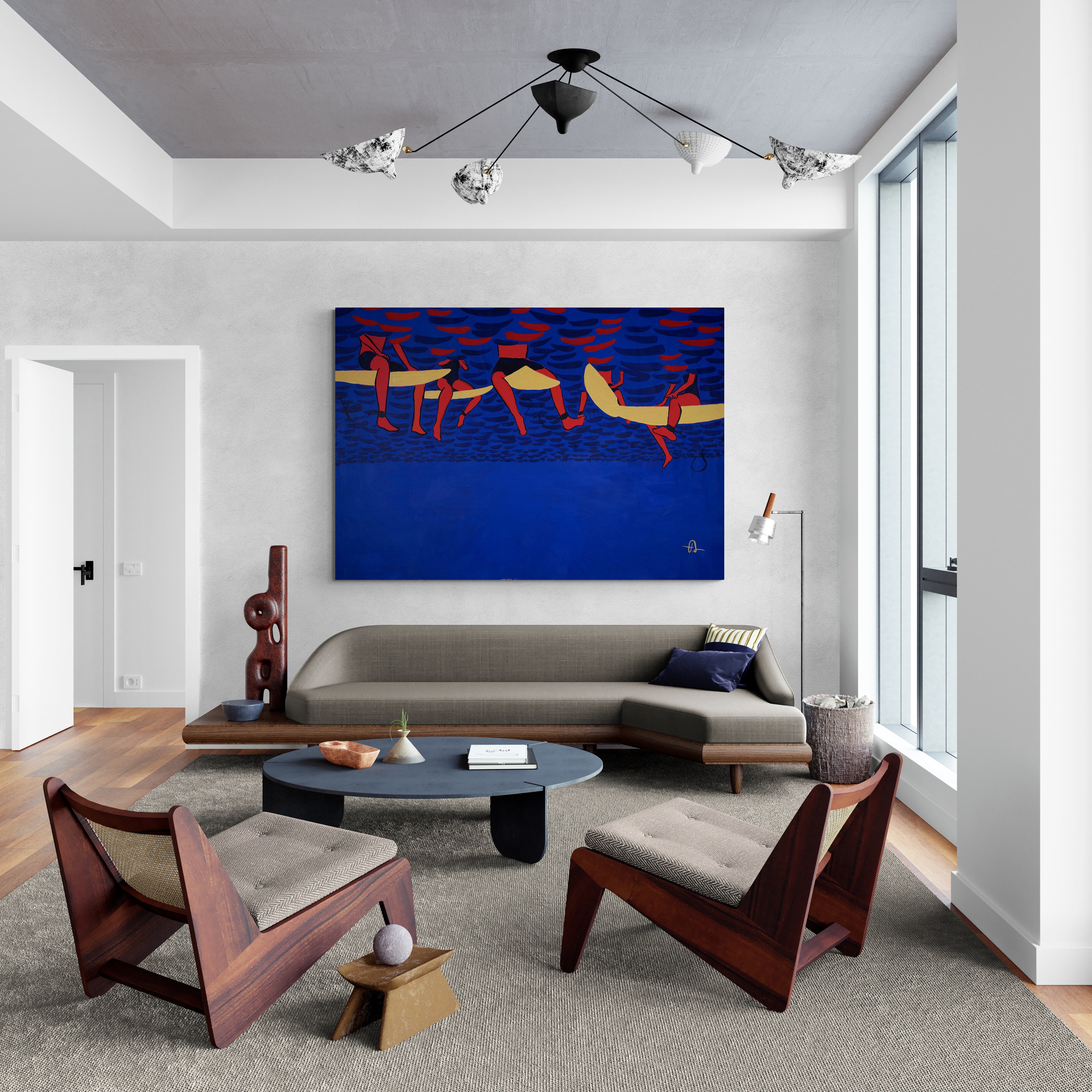 Blue ocean seascape with red surfers, original painting by Fabian Lavater, contemporary expressionist style called Infinite Joy