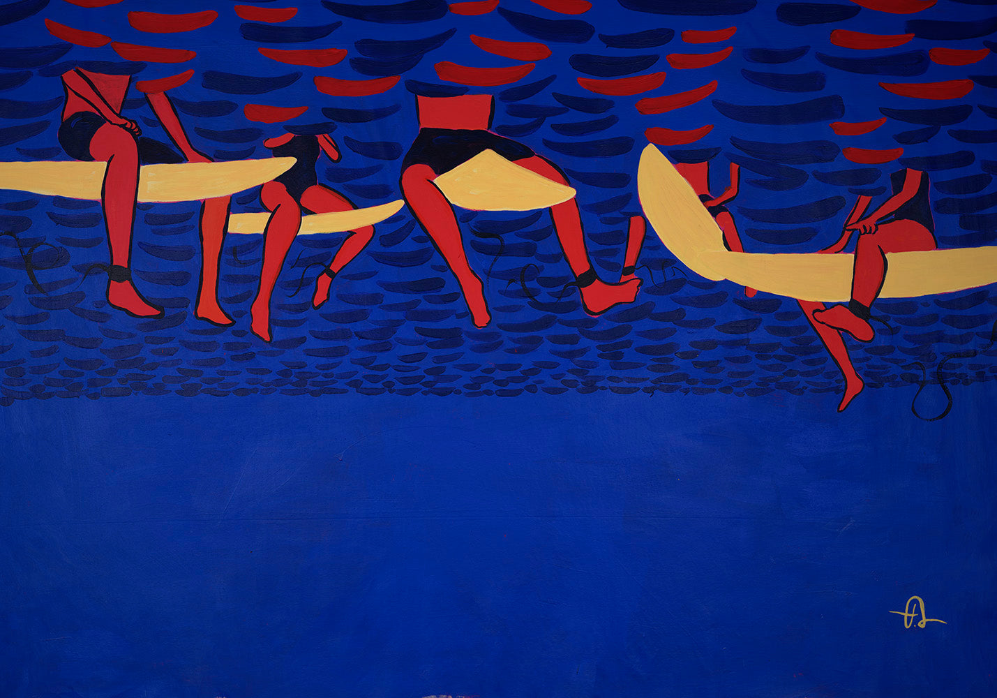 Blue ocean seascape with red surfers, original painting by Fabian Lavater, contemporary expressionist style called Infinite Joy