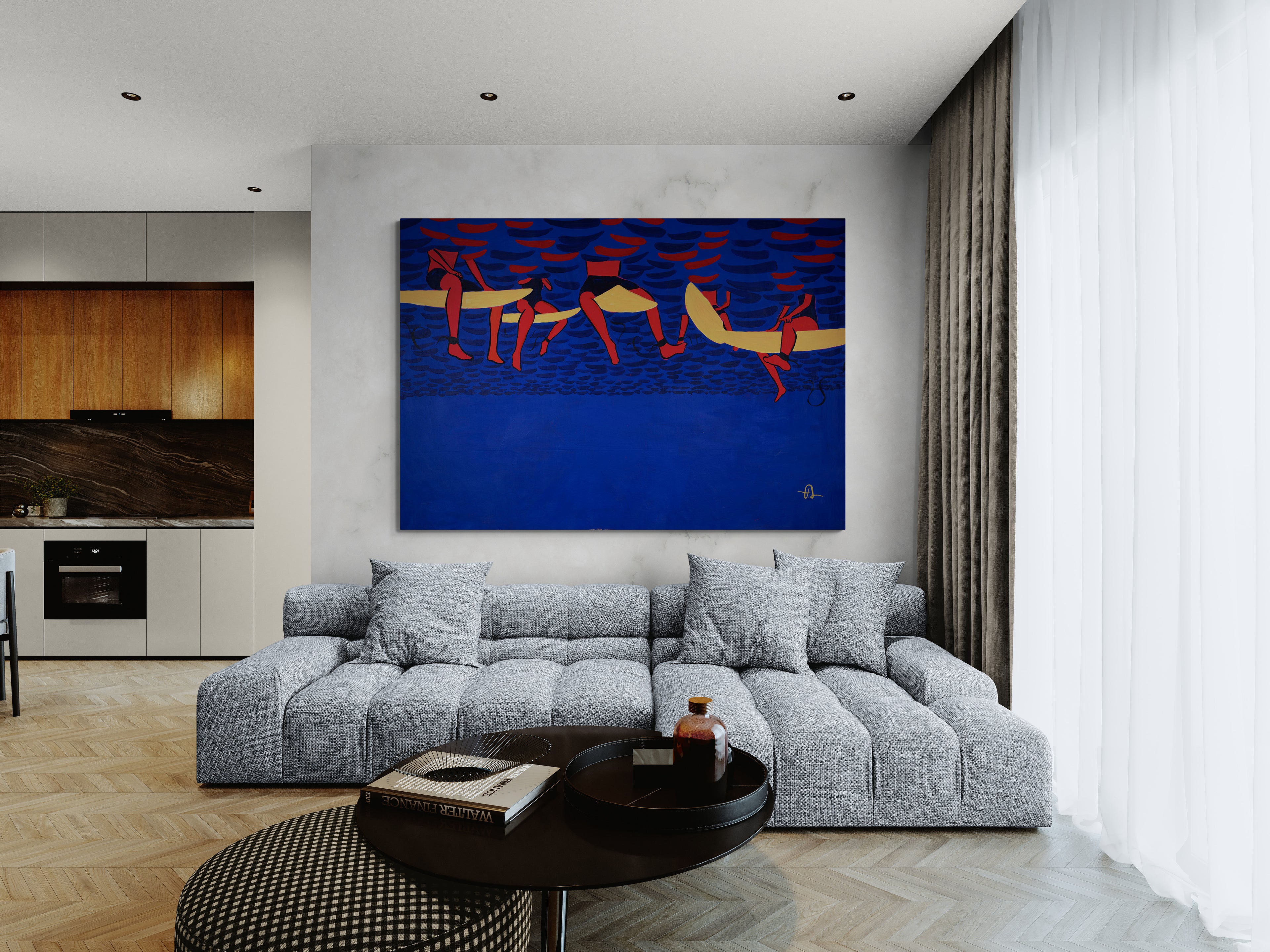 Blue ocean seascape with red surfers, original painting by Fabian Lavater, contemporary expressionist style called Infinite Joy