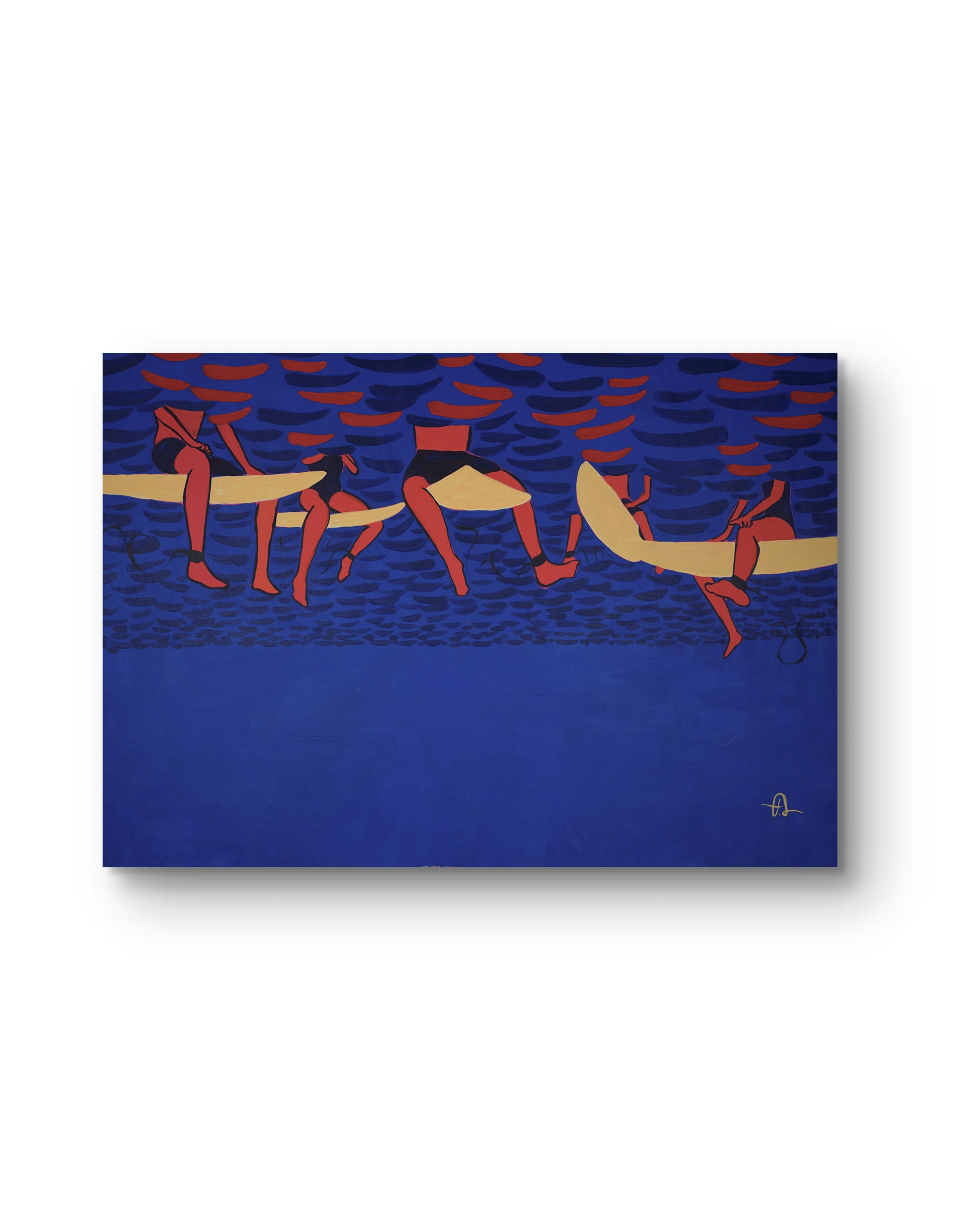 Blue ocean seascape with red surfers, original painting by Fabian Lavater, contemporary expressionist style called Infinite Joy