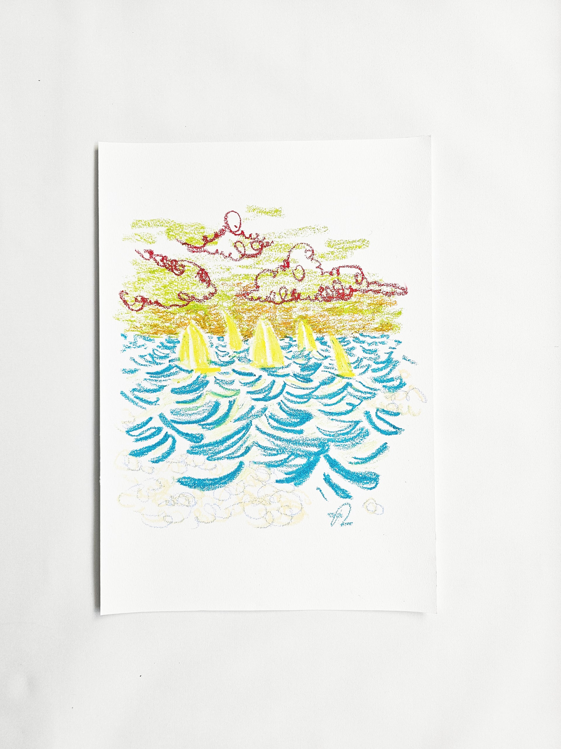 Gone for a Bit, original oil-pastel by Fabian Lavater depicting sailboats on open water