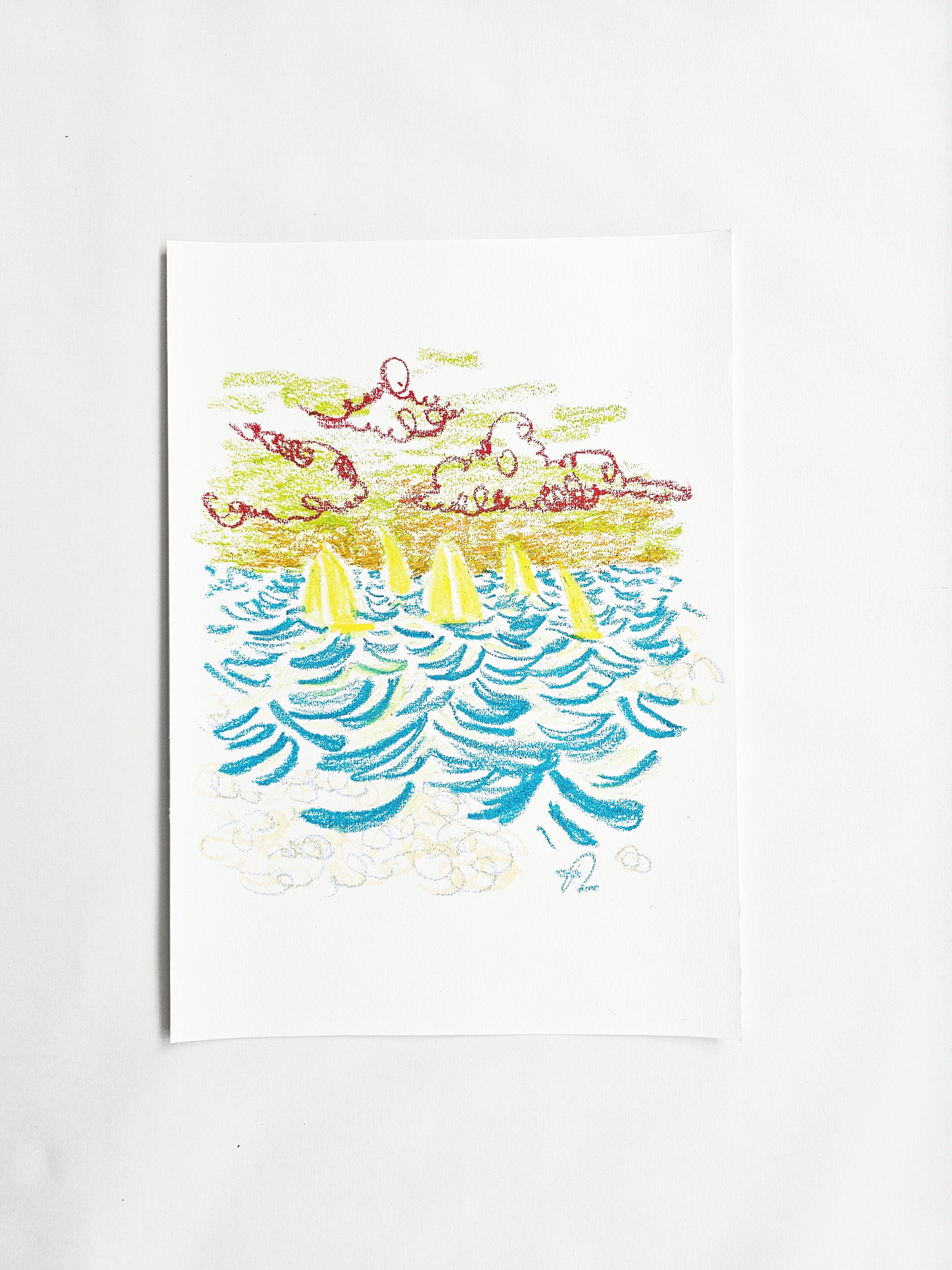 Gone for a Bit, original oil-pastel by Fabian Lavater depicting sailboats on open water