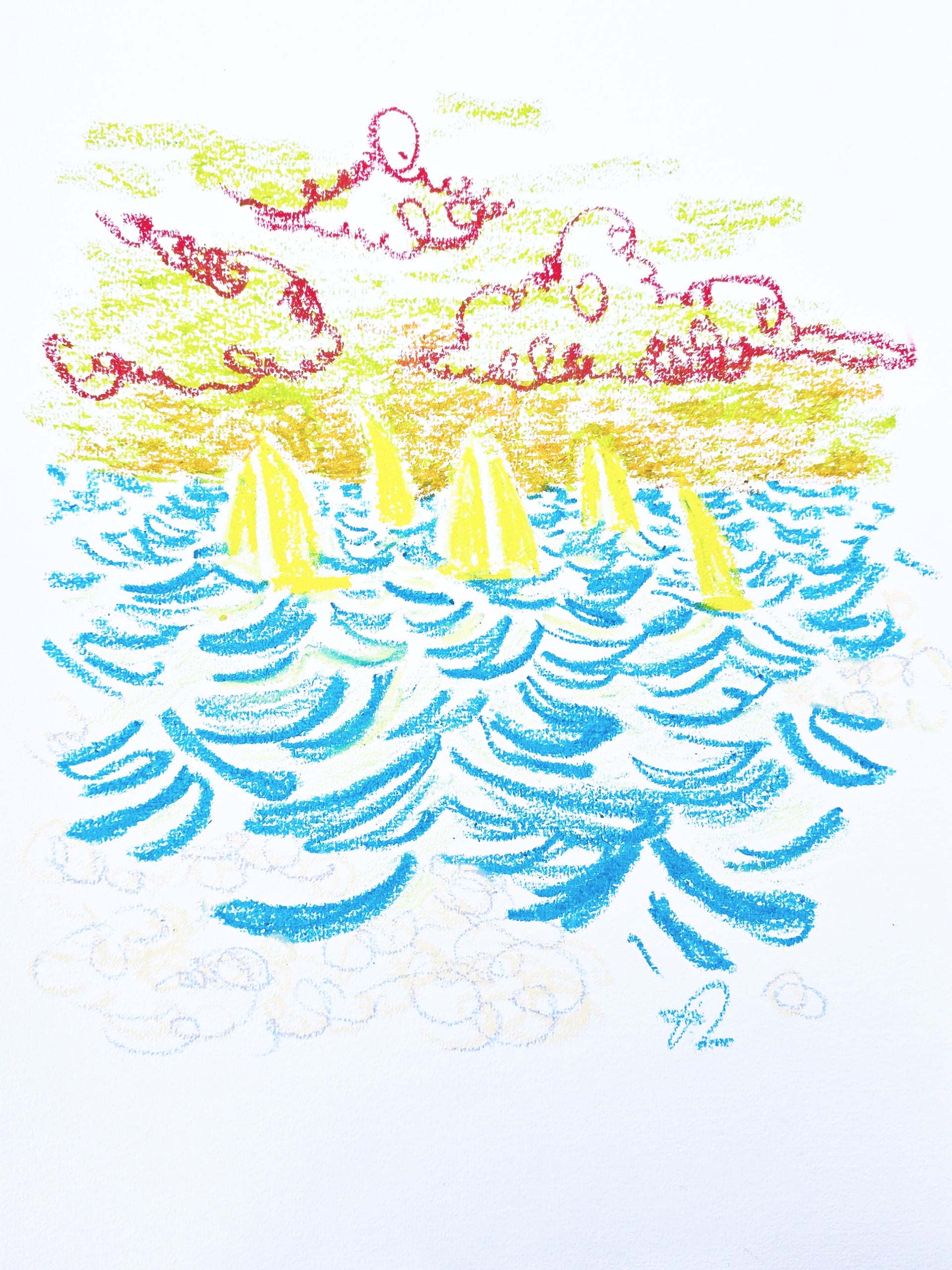 Gone for a Bit, original oil-pastel by Fabian Lavater depicting sailboats on open water