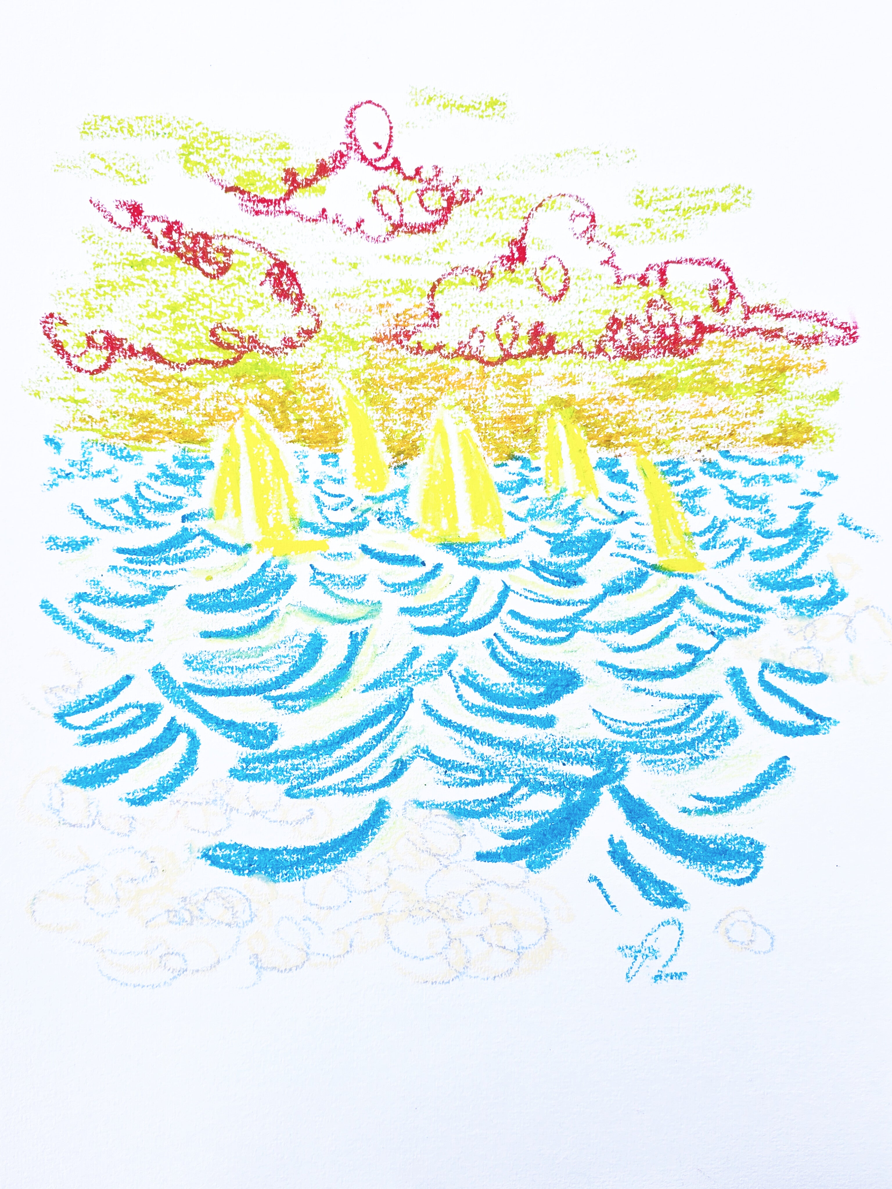 Gone for a Bit, original oil-pastel by Fabian Lavater depicting sailboats on open water