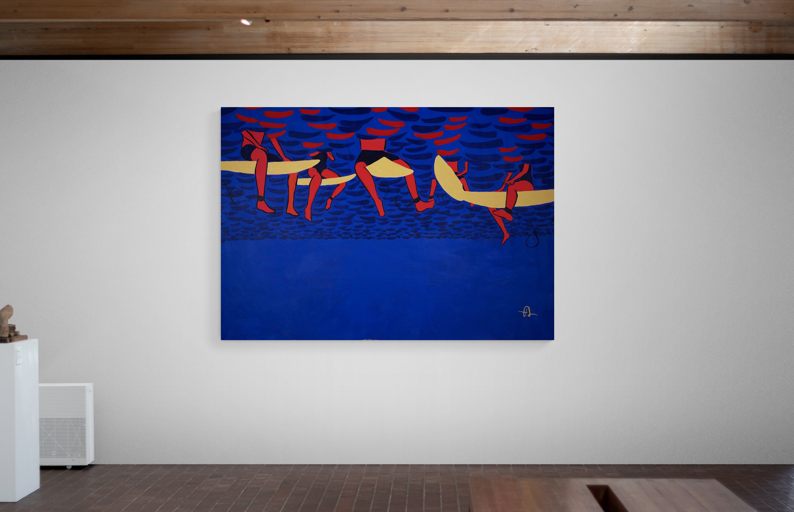 Painting by Fabian Lavater of people in surfboards on a blue background, displayed on a wall.