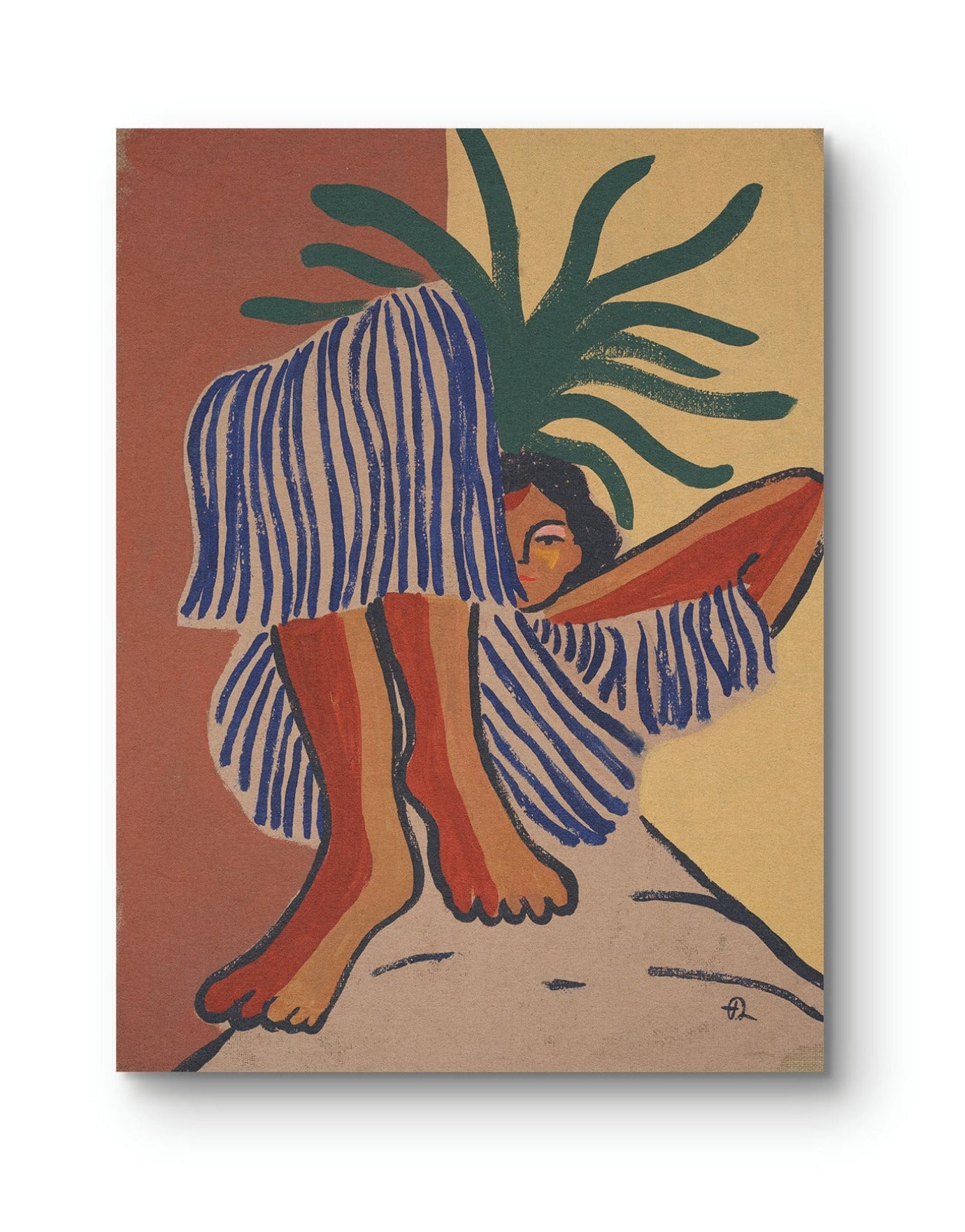 Original art painting by Fabian Lavater of a person in a striped garment with a palm tree called "the art of relaxing"