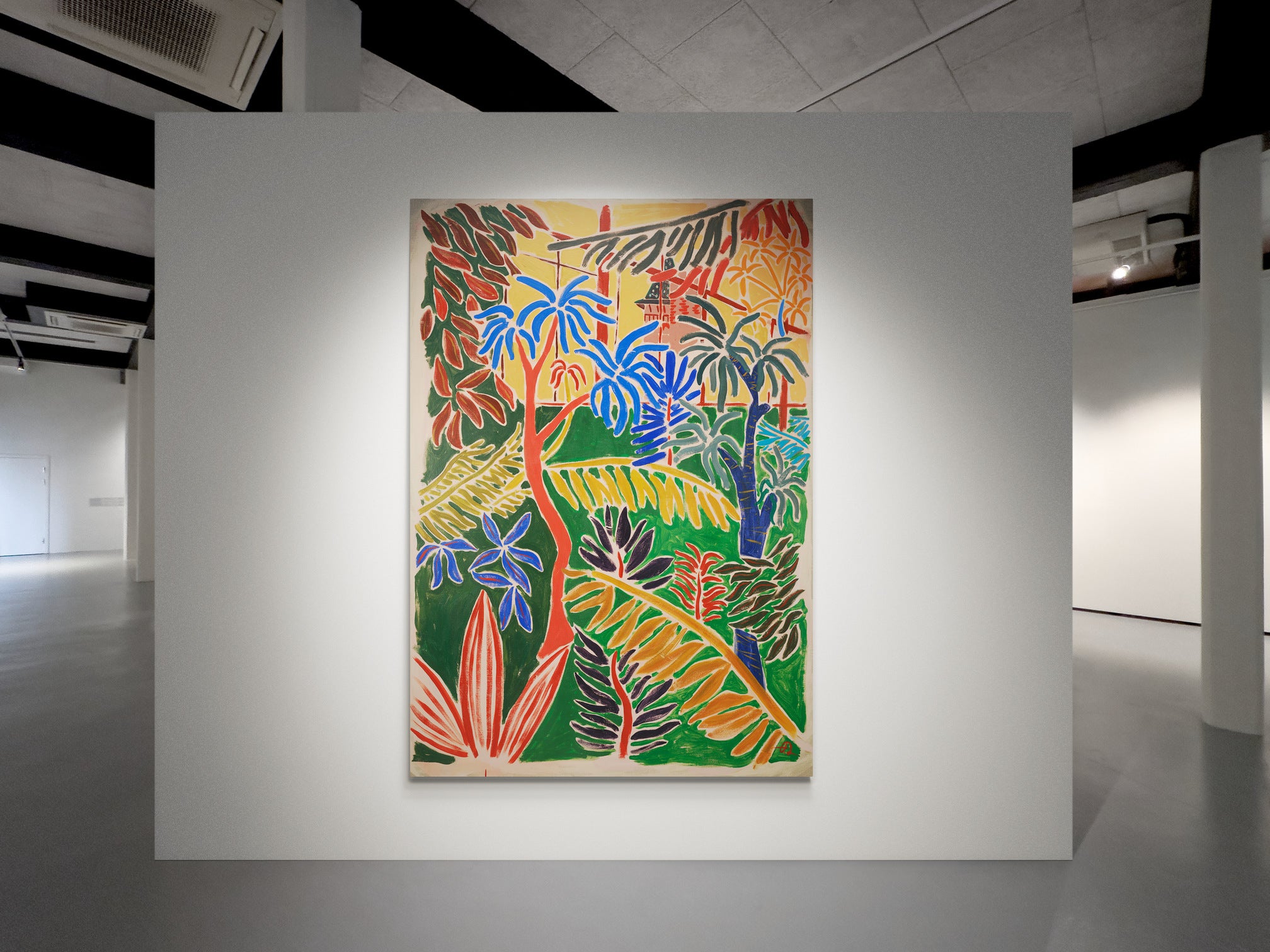 Large original art painting by Fabian Lavater showing botanical garden hanging on gallery wall