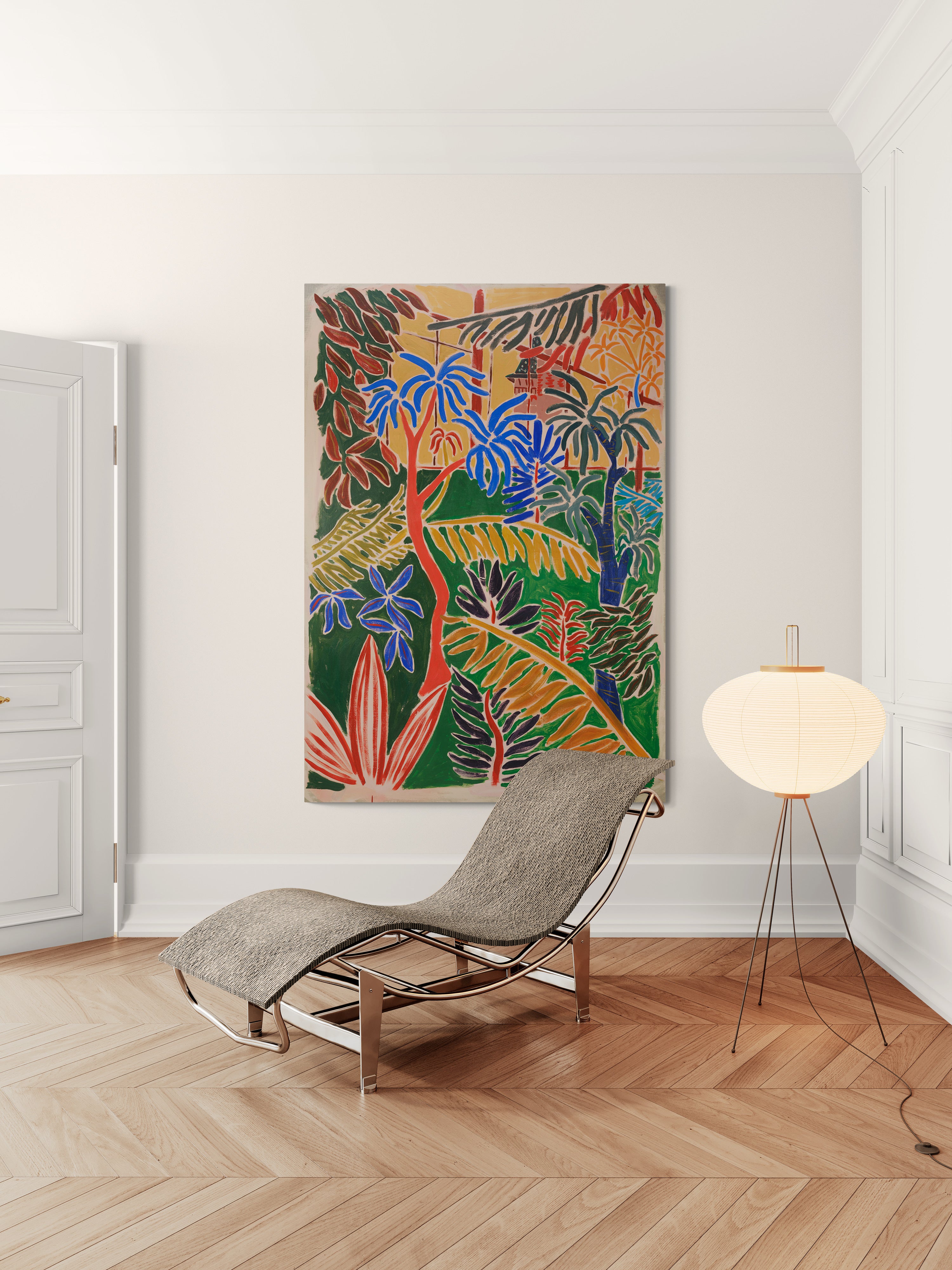 Large original art painting by Fabian Lavater showing botanical garden above modern lounge chair