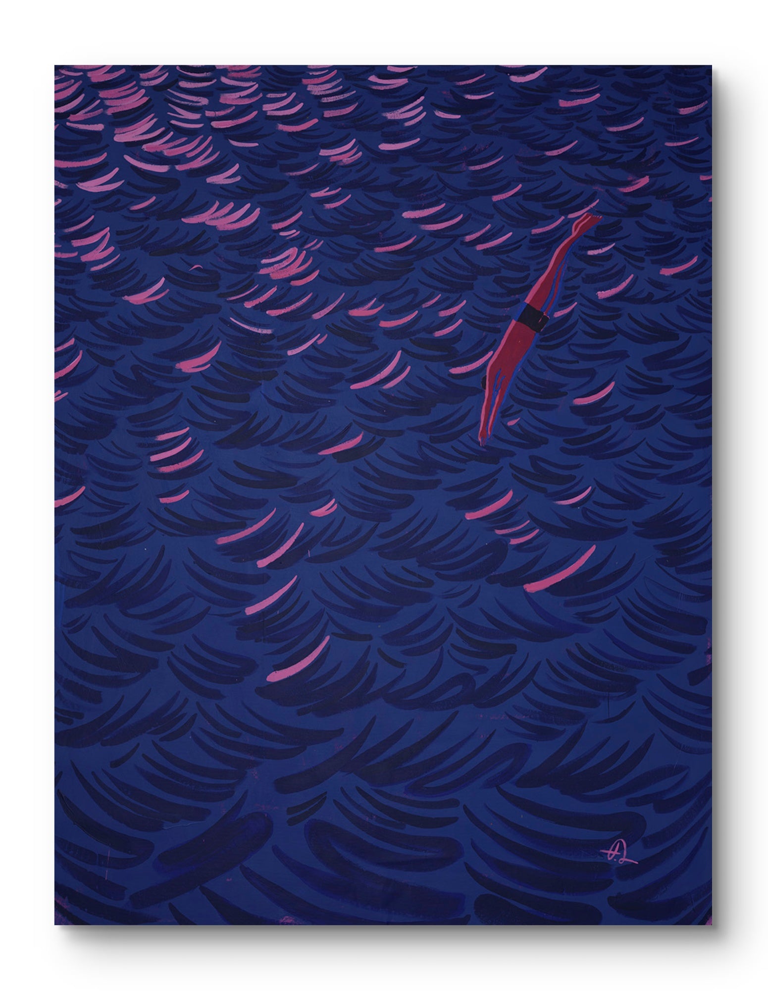 Painting by Fabian Lavater of a swimmer in the water with wavy patterns on a blue background