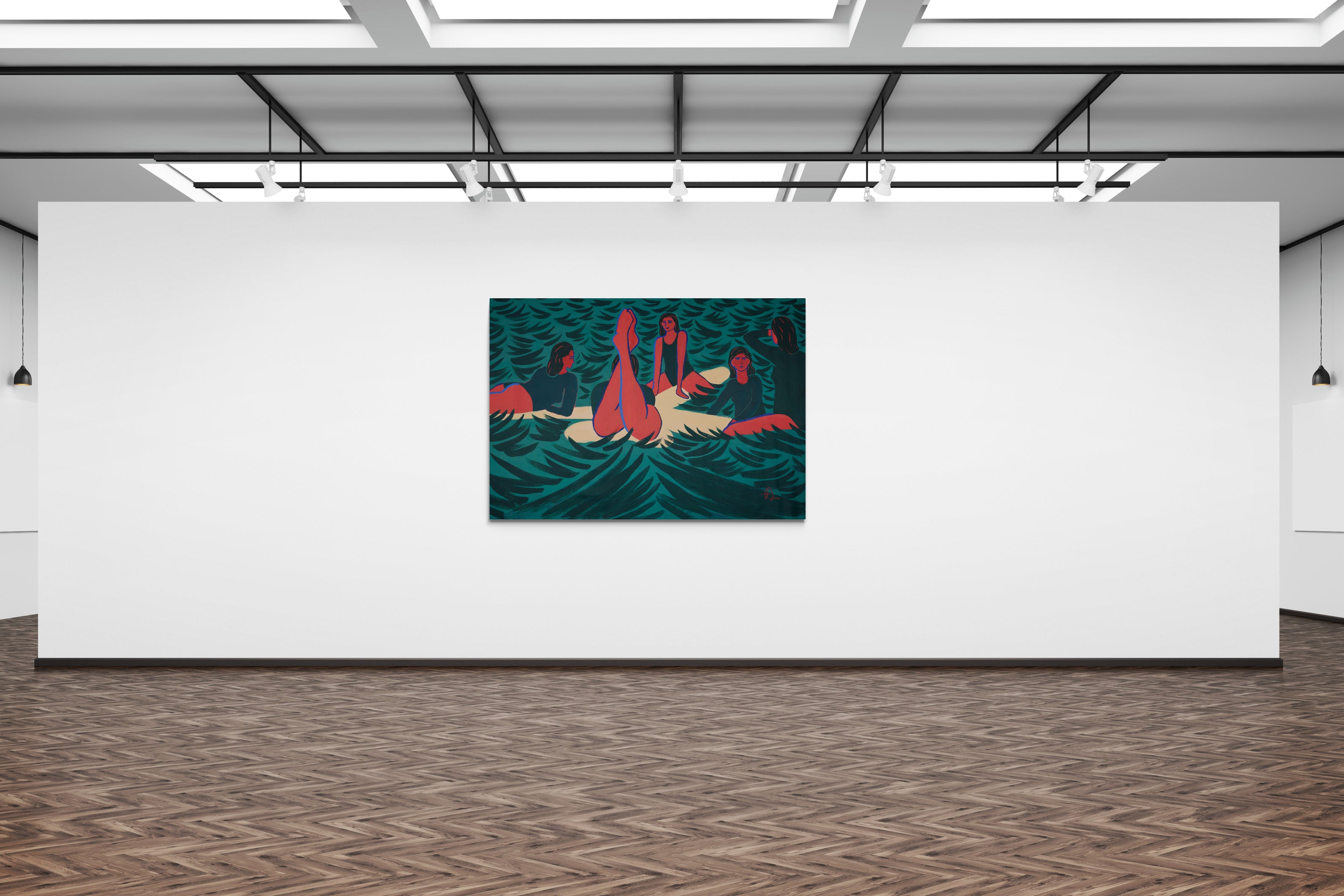 Art gallery with painting called "Joy is meant to be shared" of women surfing by Swiss contemporary artist Fabian Lavater. 