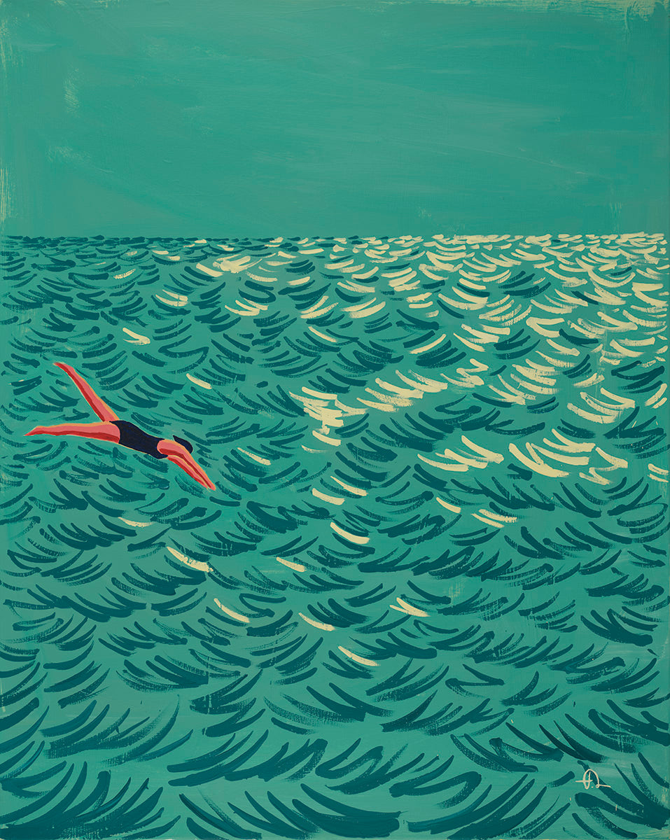 Original painting by Fabian Lavater showing woman jumping into the ocean 