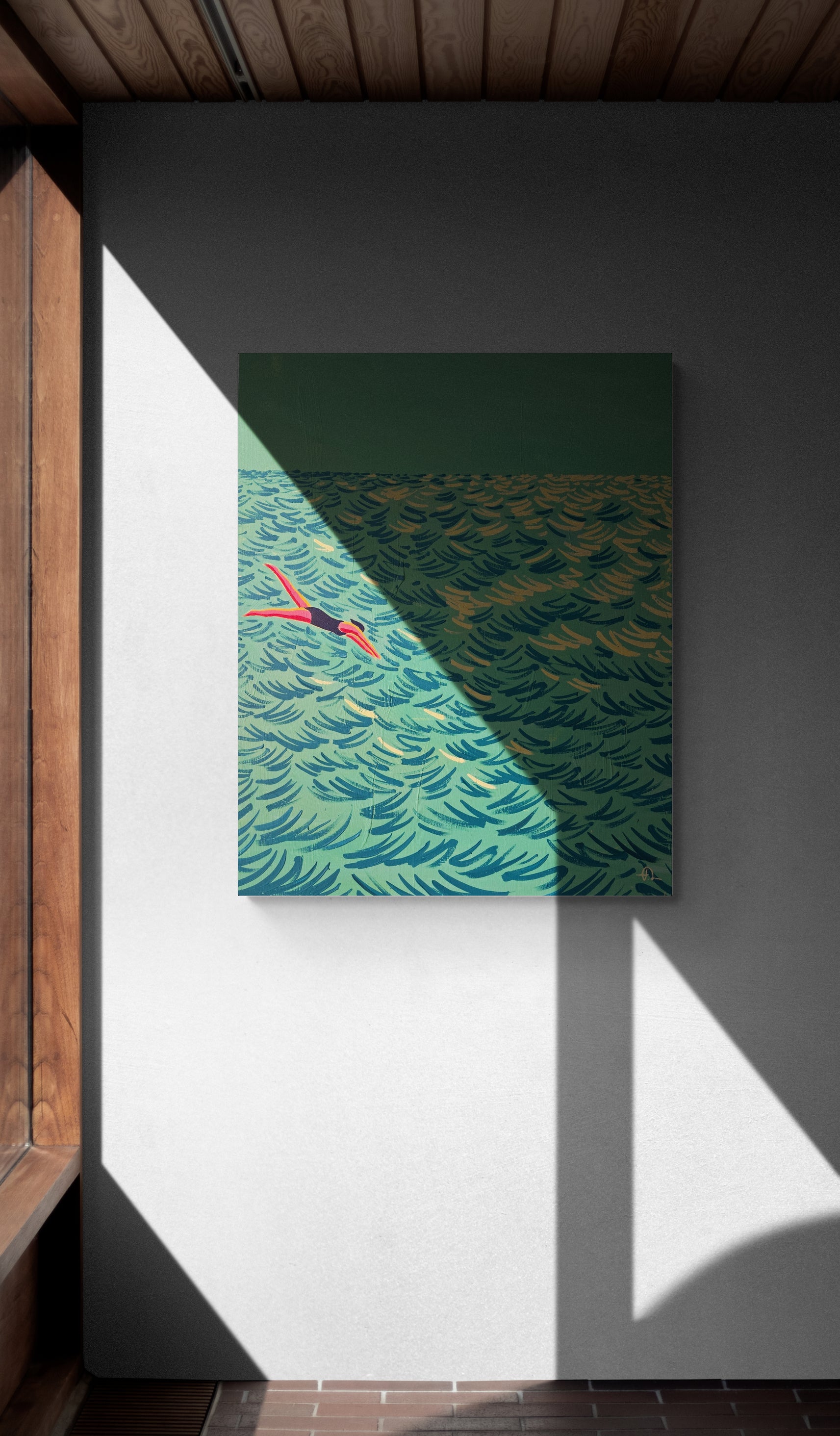 Original painting by Fabian Lavater showing woman jumping into the ocean 
