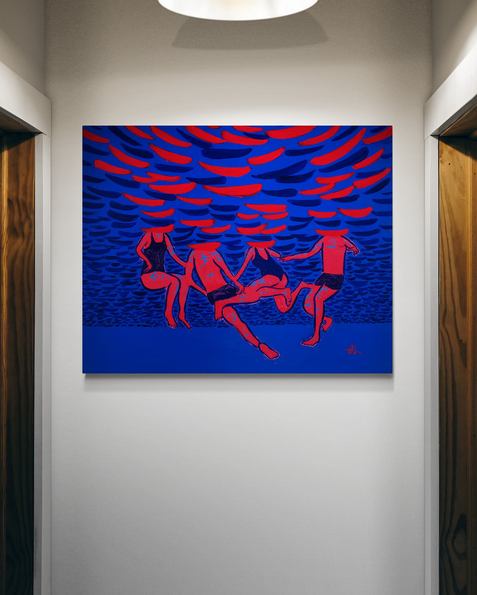 Artwork Fabian Lavater with red and blue figures swimming underwater on a blue background in a hallway.