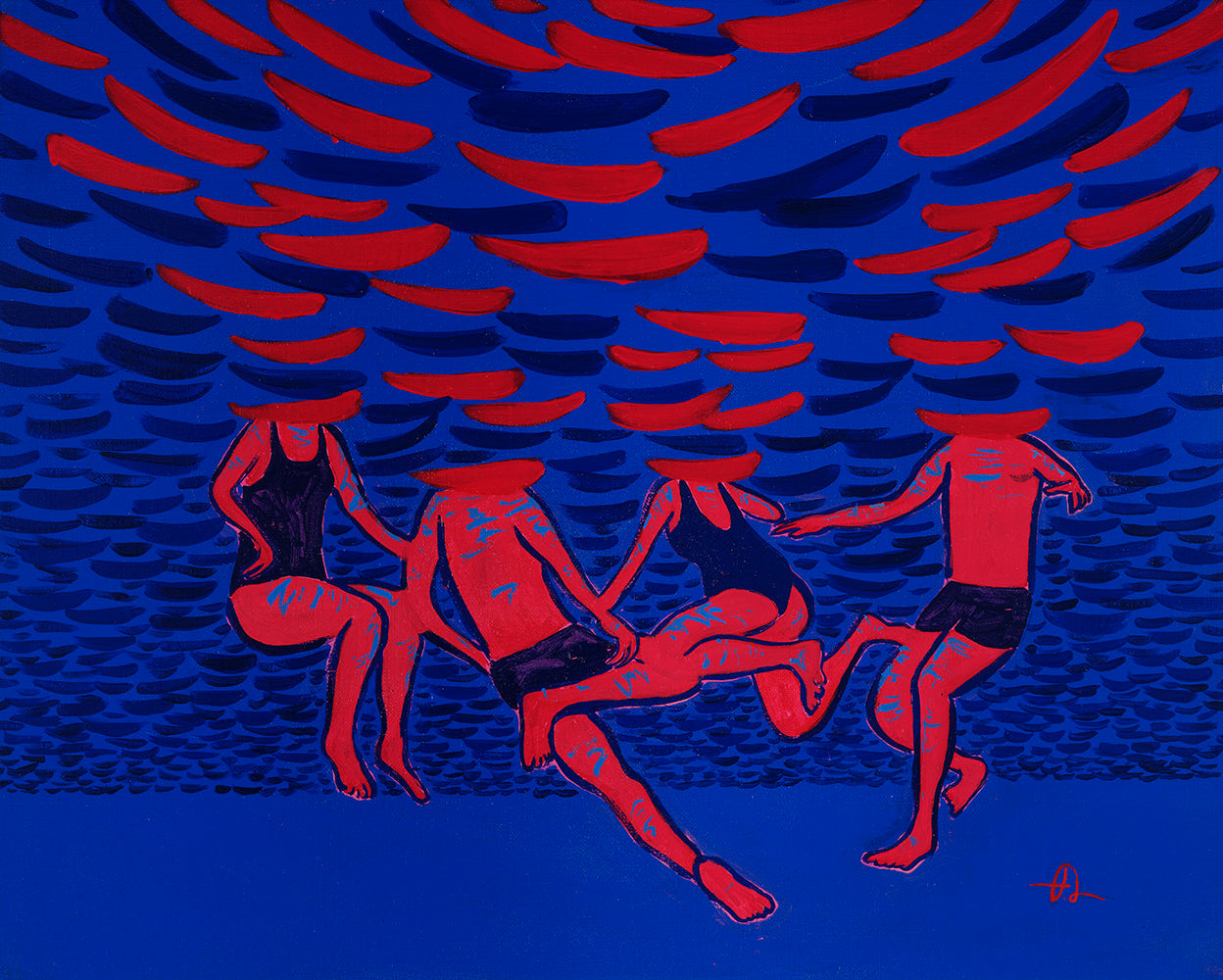 Painting by Fabian Lavater showing people swimming underwater on blue background