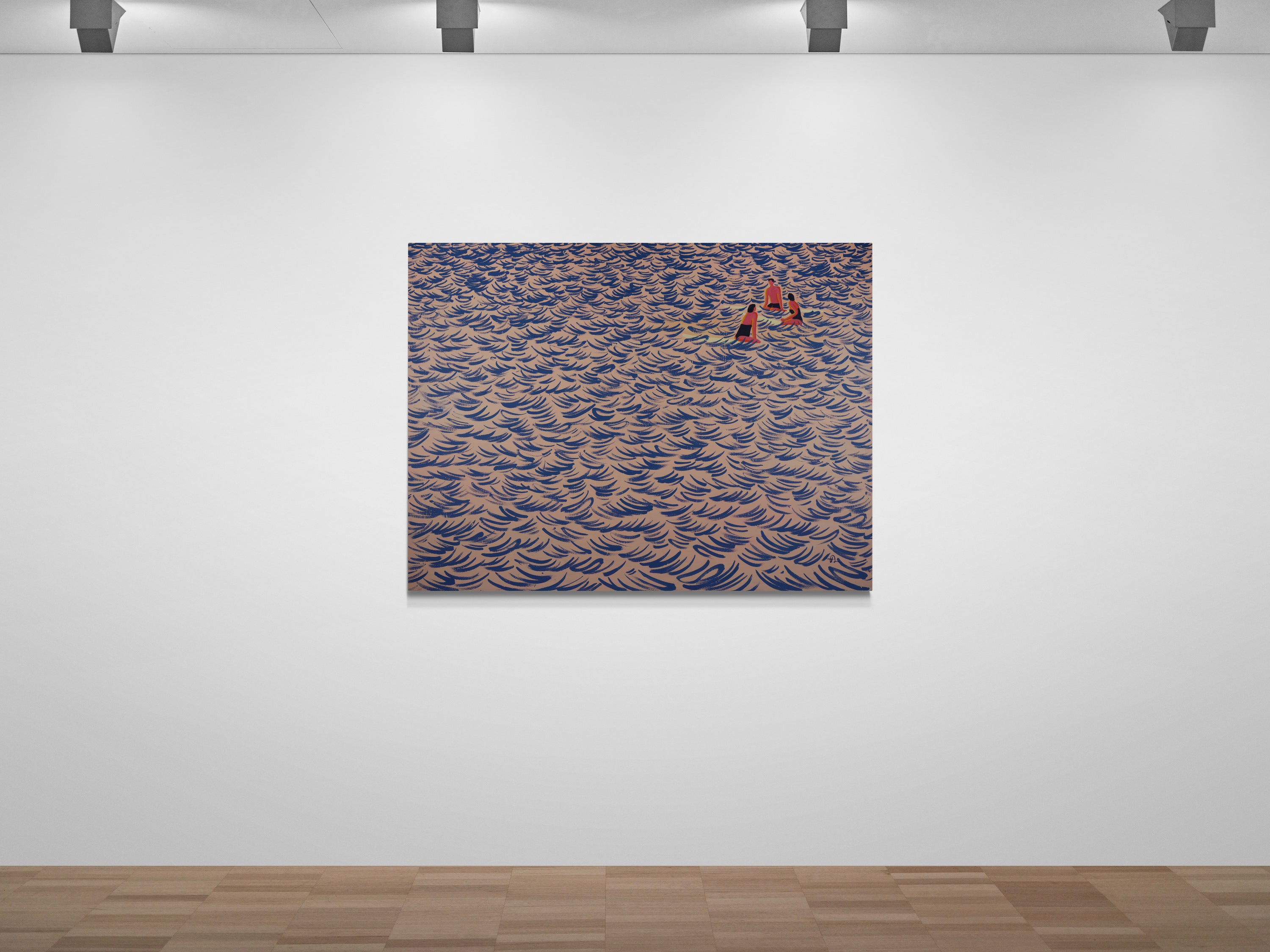 Artwork by Fabian Lavater showing surfers in the ocean hanging on gallery wall