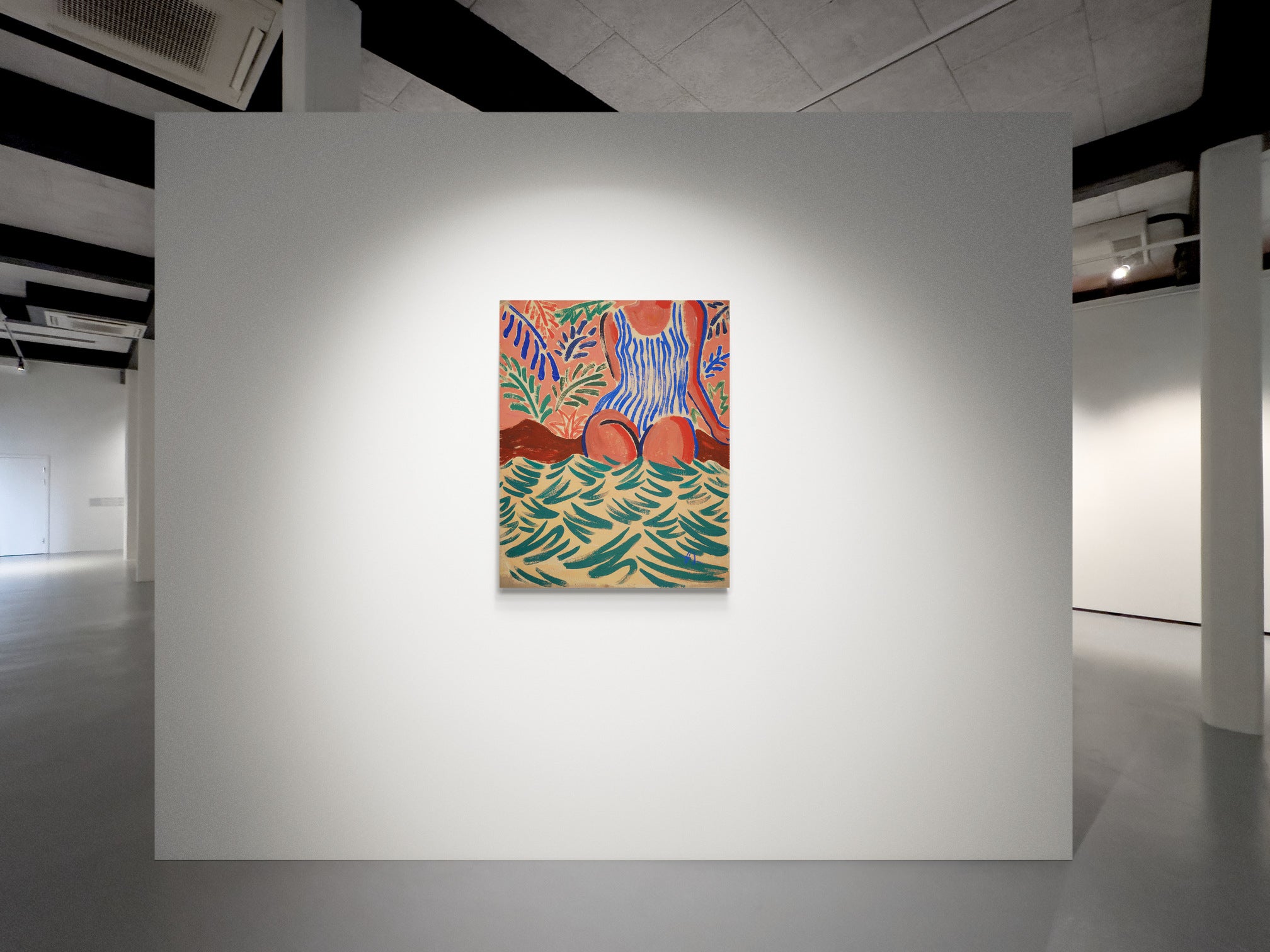 Pool Side, original painting by Fabian Lavater showing a woman partially submerged in water displayed on gallery wall