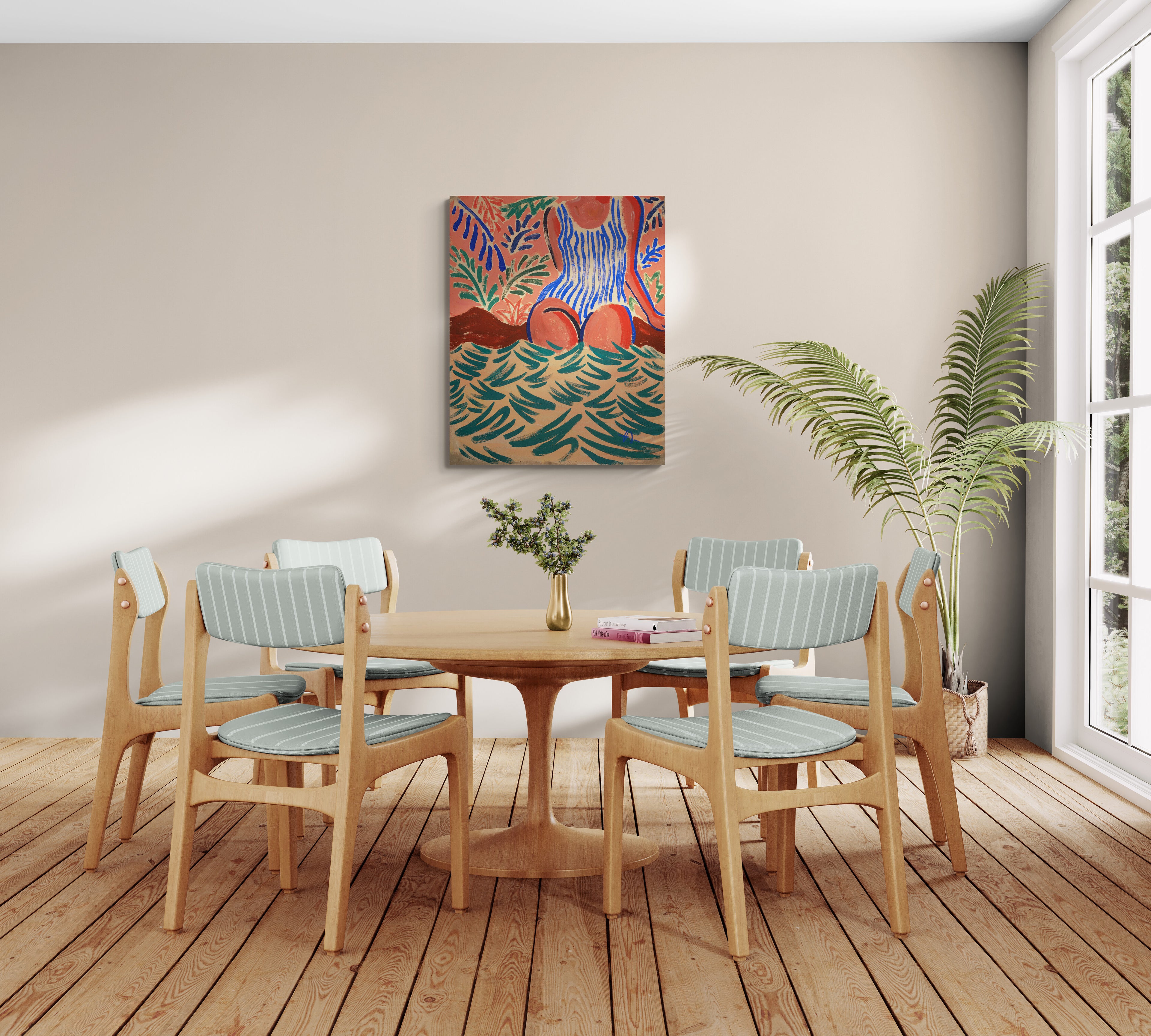 Pool Side, original painting by Fabian Lavater showing a woman partially submerged in water displayed in living room