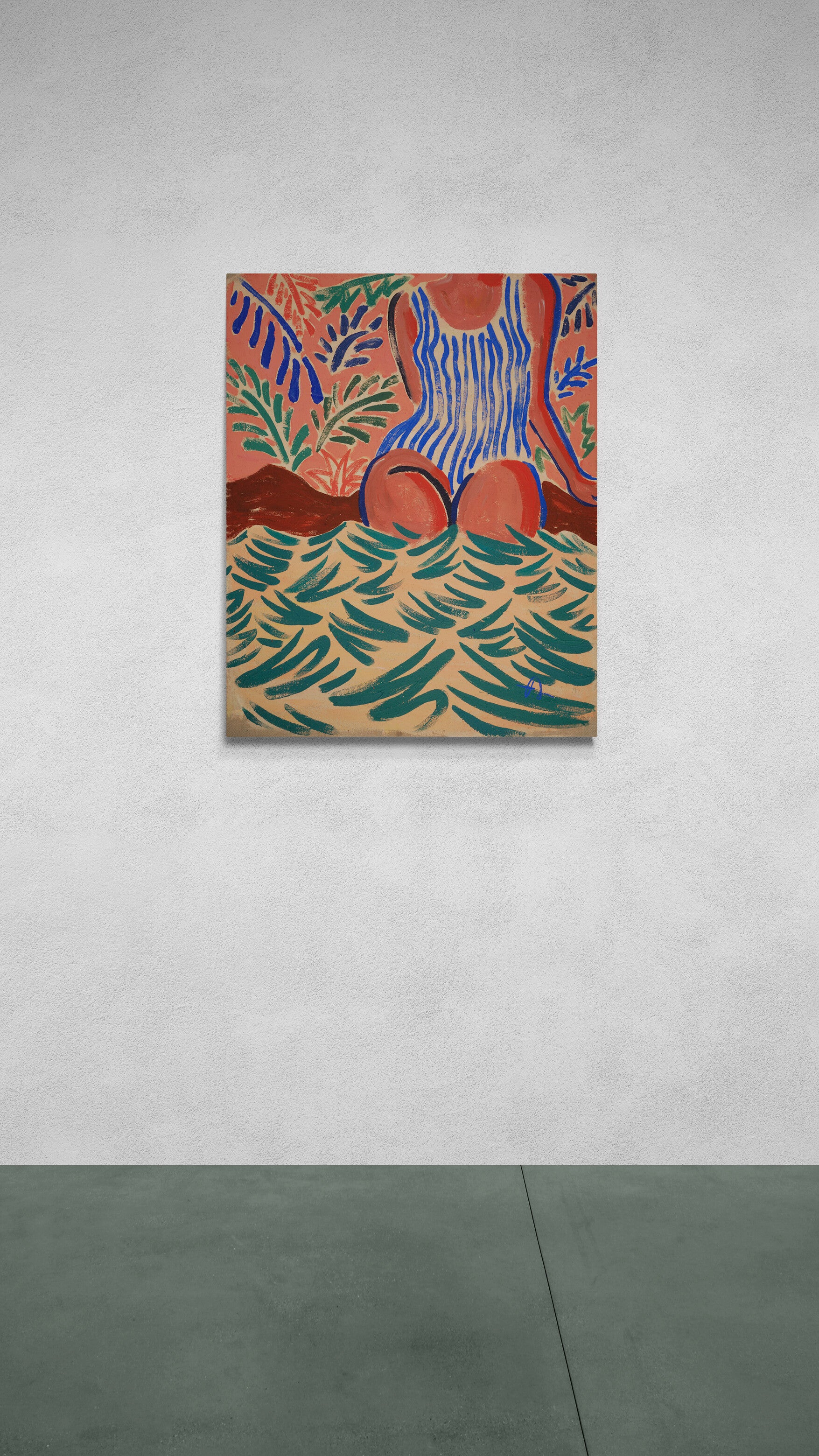 Pool Side, original painting by Fabian Lavater showing a woman partially submerged in water in minimalist setting