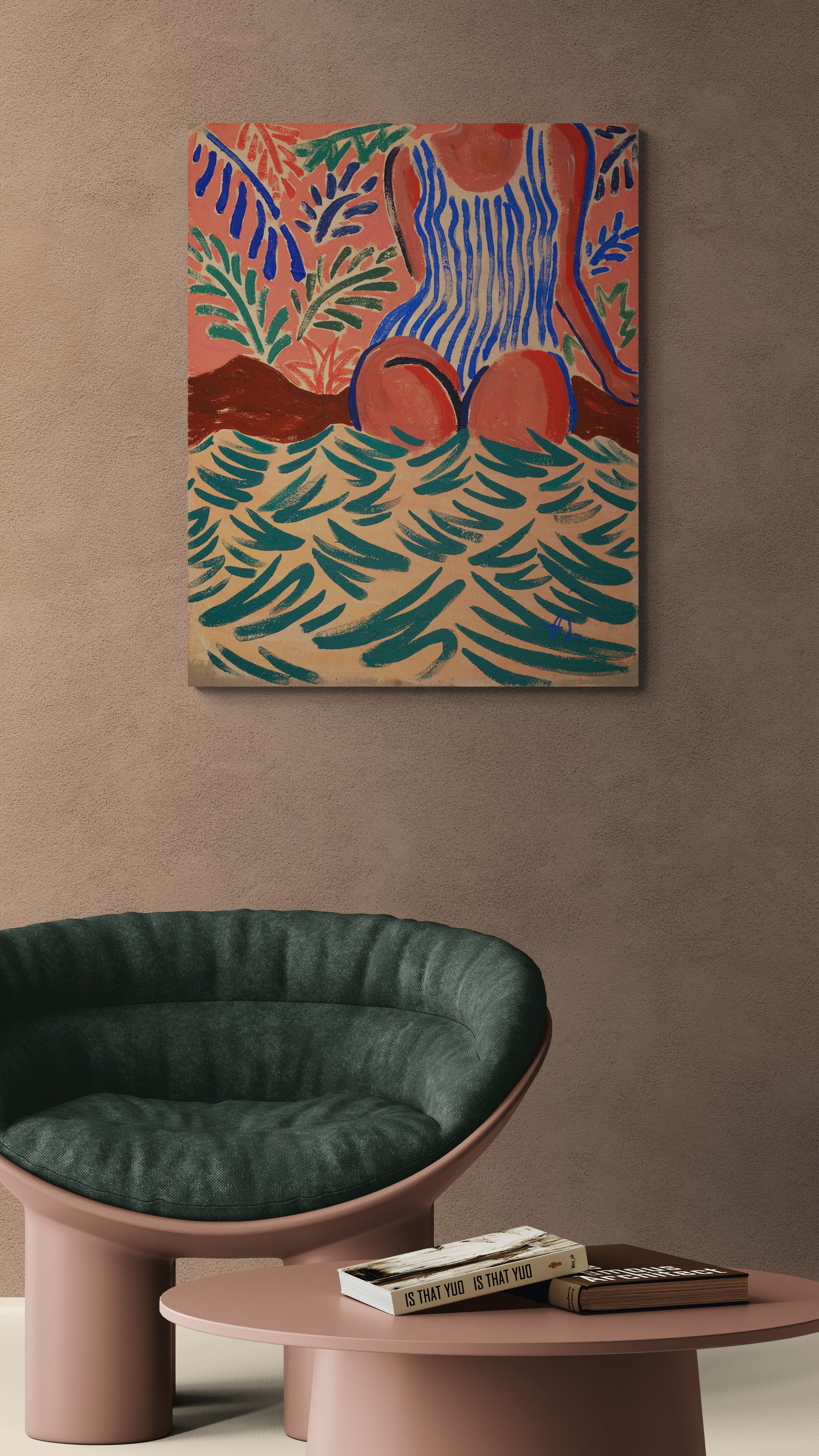 Pool Side, original painting by Fabian Lavater showing a woman partially submerged in water above lounge chair