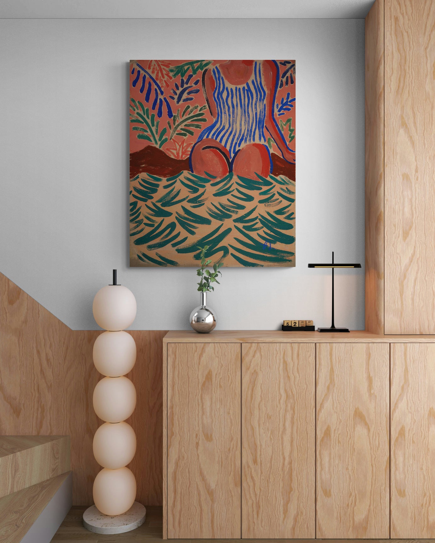 Pool Side, original painting by Fabian Lavater showing a woman partially submerged in water in modern, wooden interior