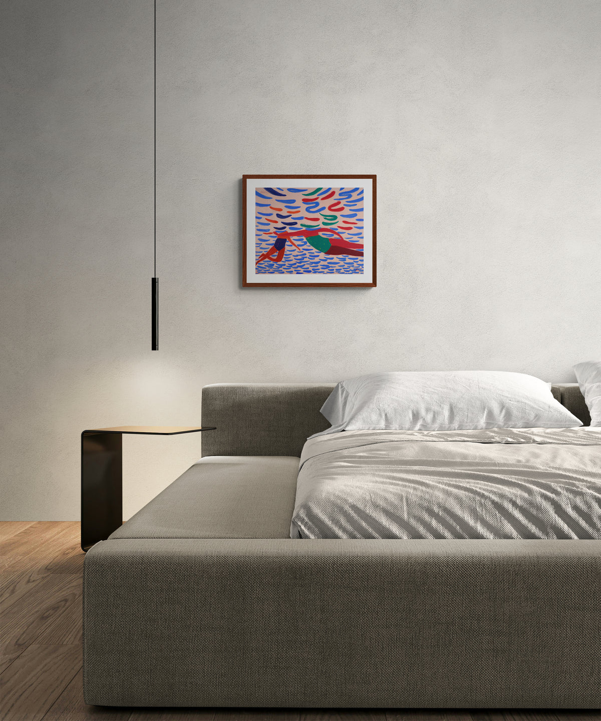 framed seaside sister art print of two women swimming hanging on bedroom wall
