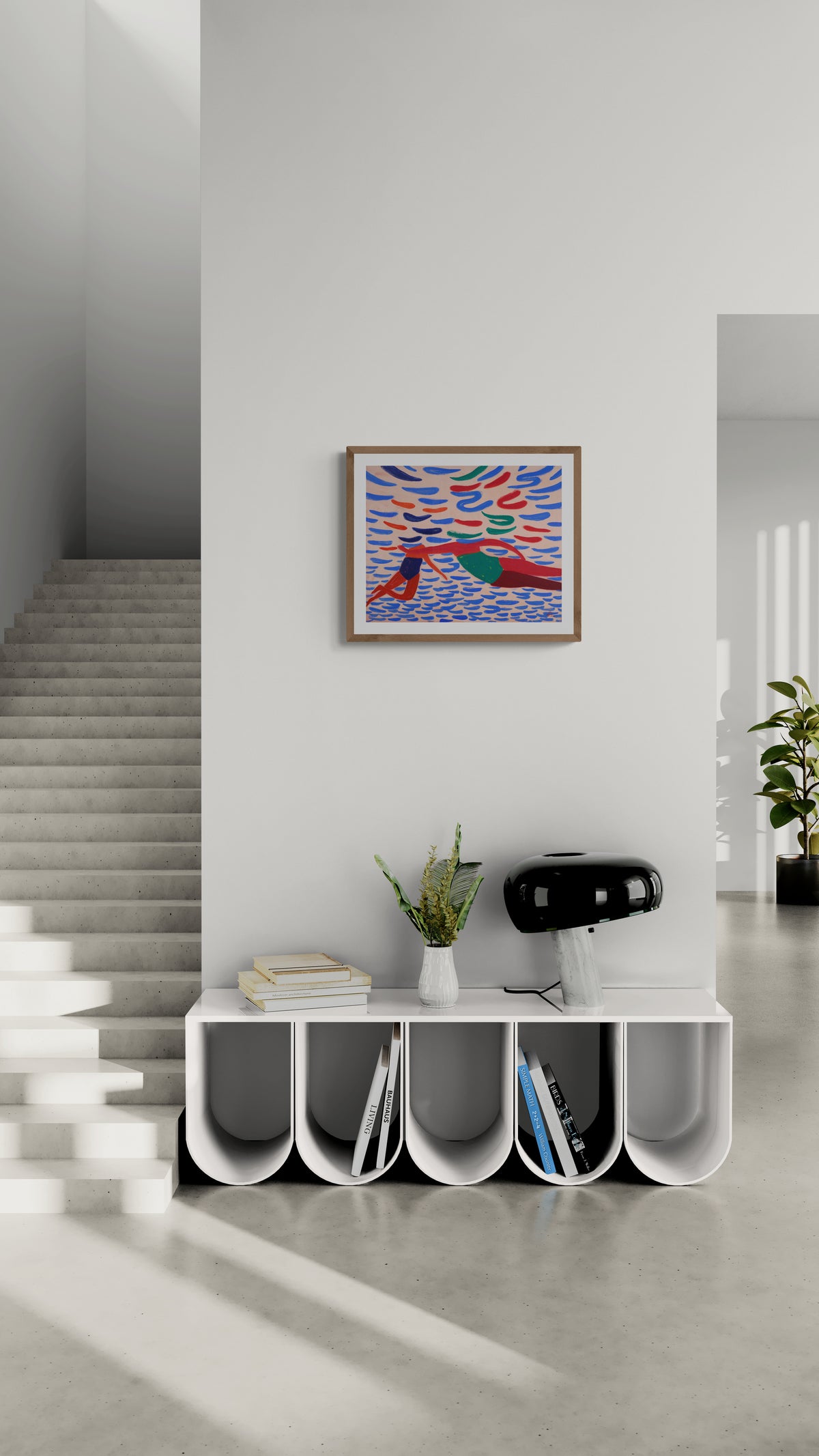 underwater seaside sister art print by artist fabian lavater hanging in modern interior