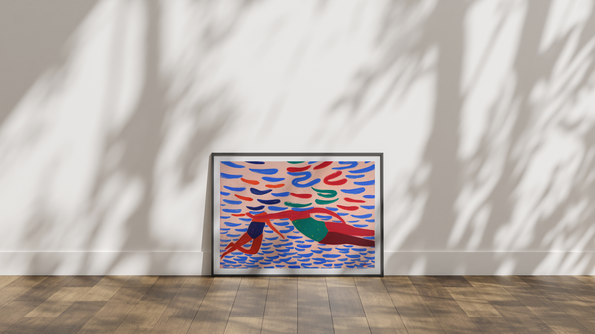 framed art print by swiss contemporaty artist fabian lavater showing two women swimming underwater