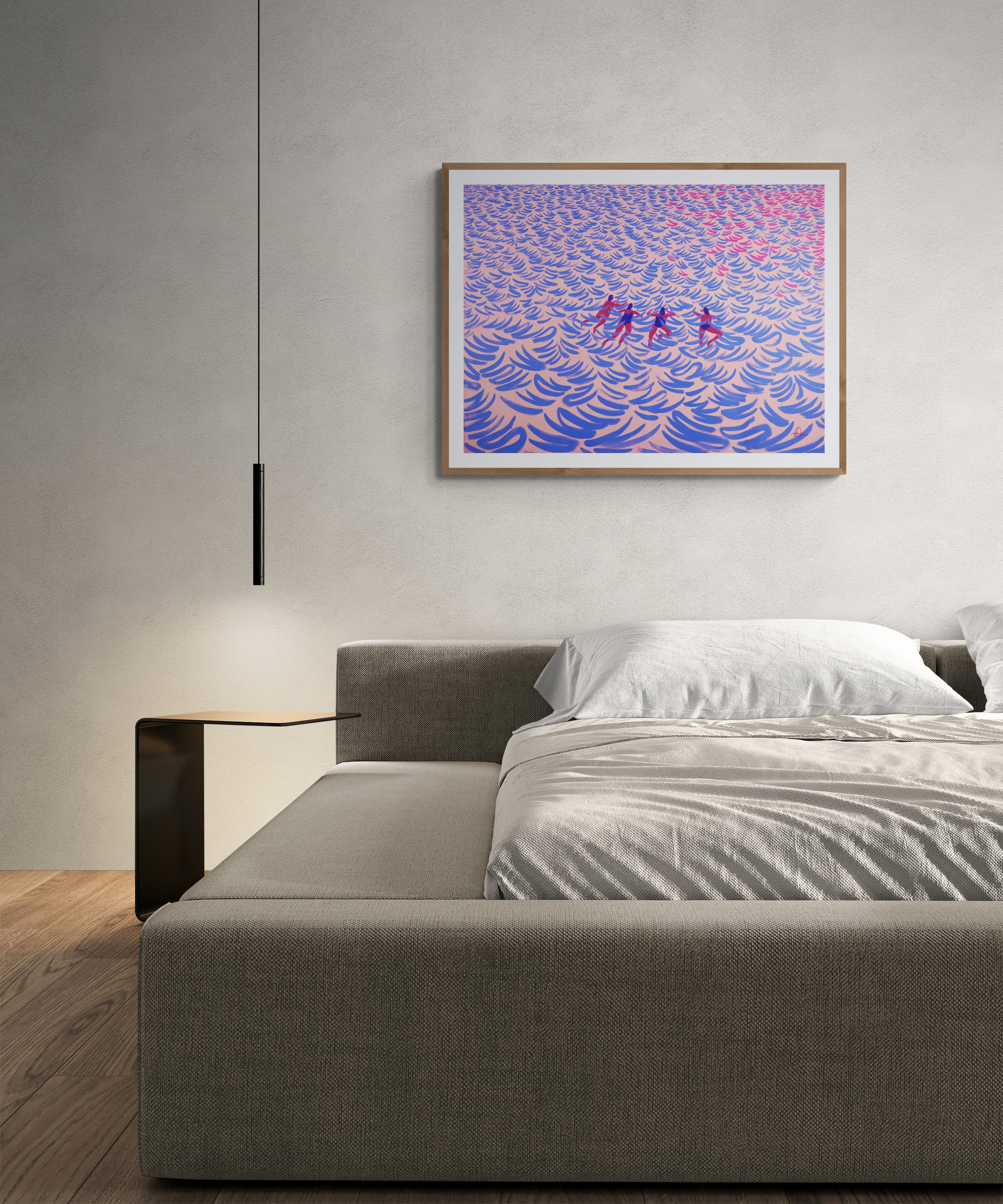 A modern bedroom scene featuring a framed abstract art print by fabian lavater