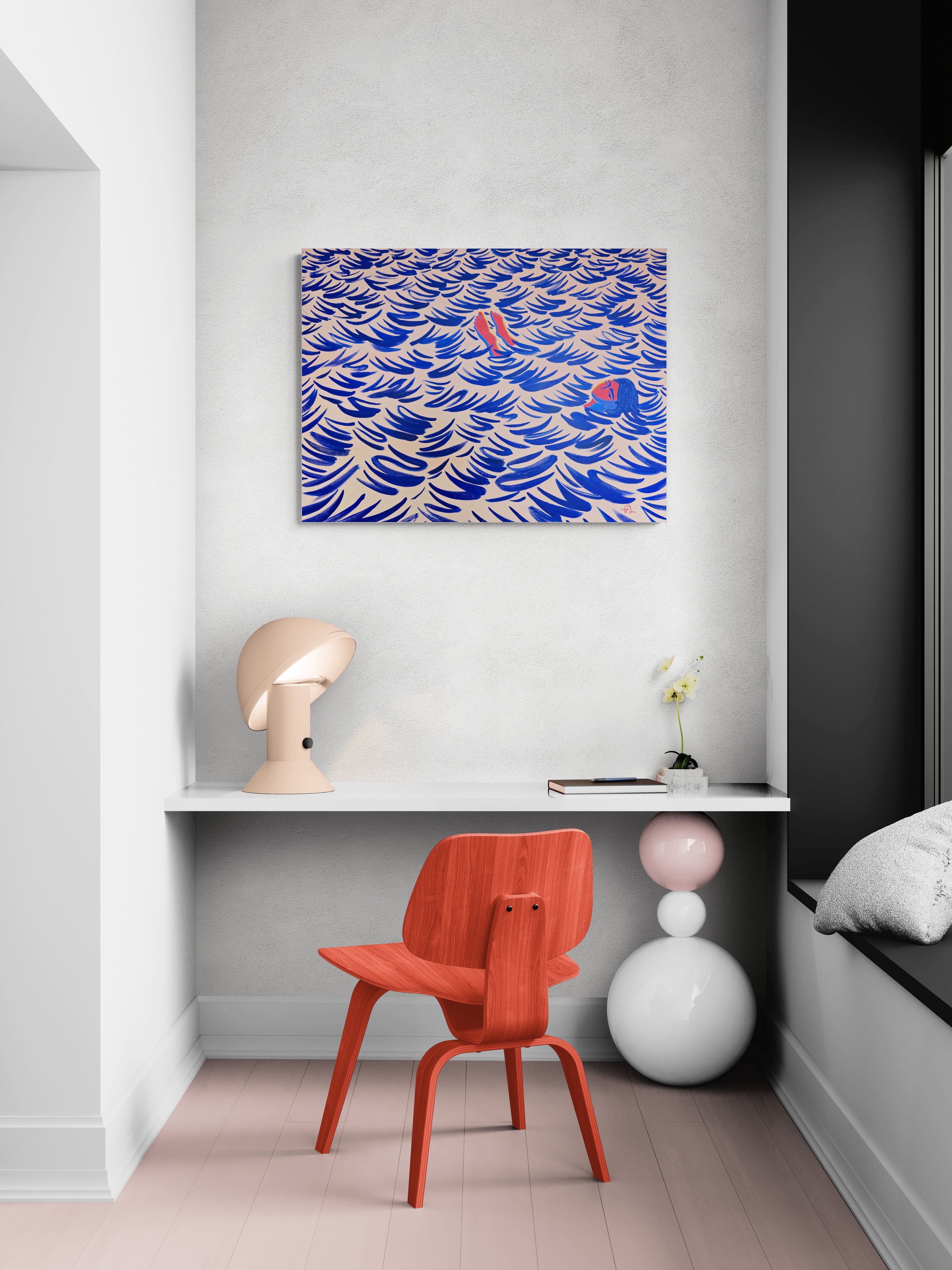 Toes Out, original painting by Fabian Lavater depicting a woman floating in the water above red chair