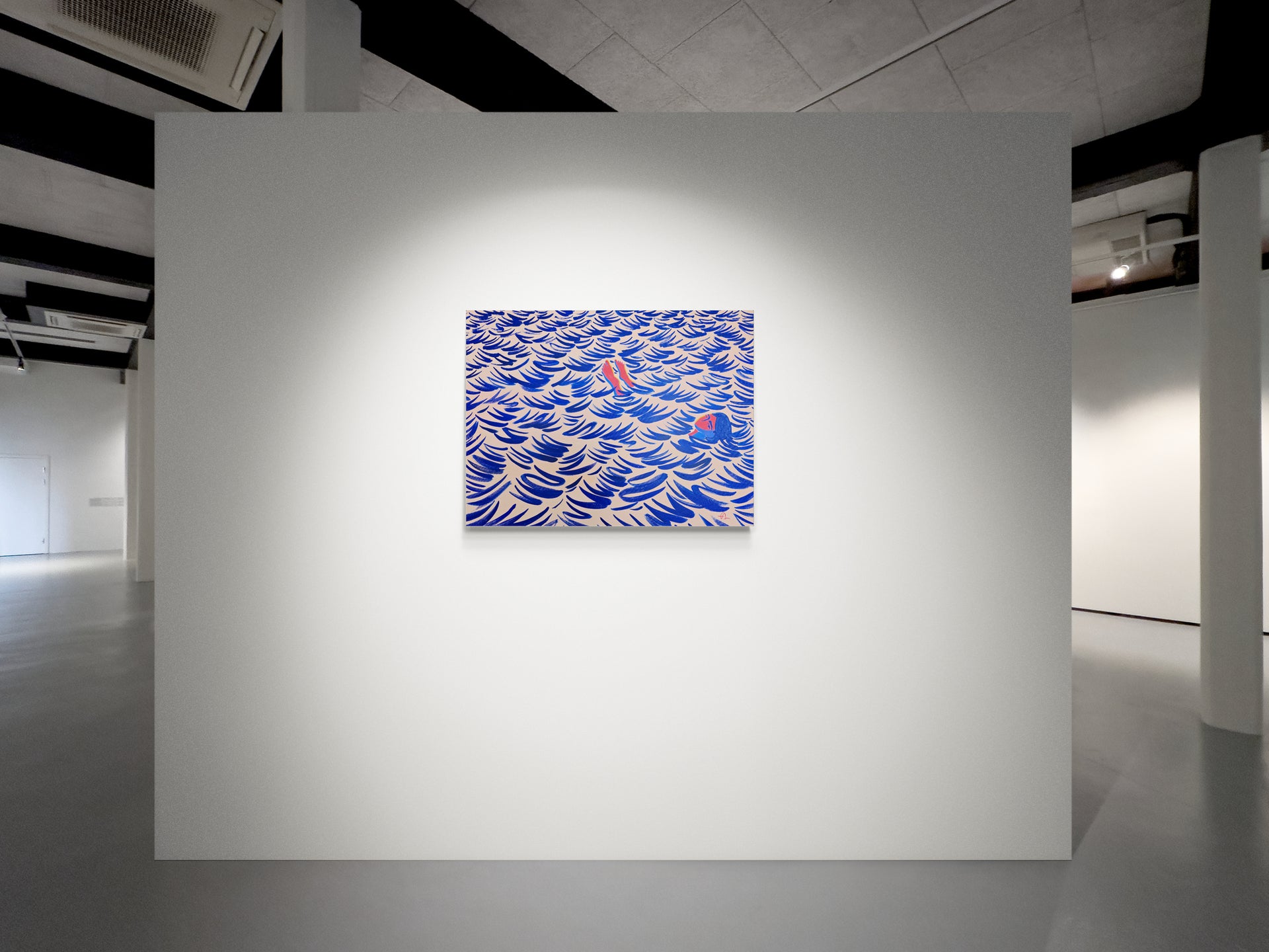 Toes Out, original painting by Fabian Lavater depicting a woman floating in the water in art gallery