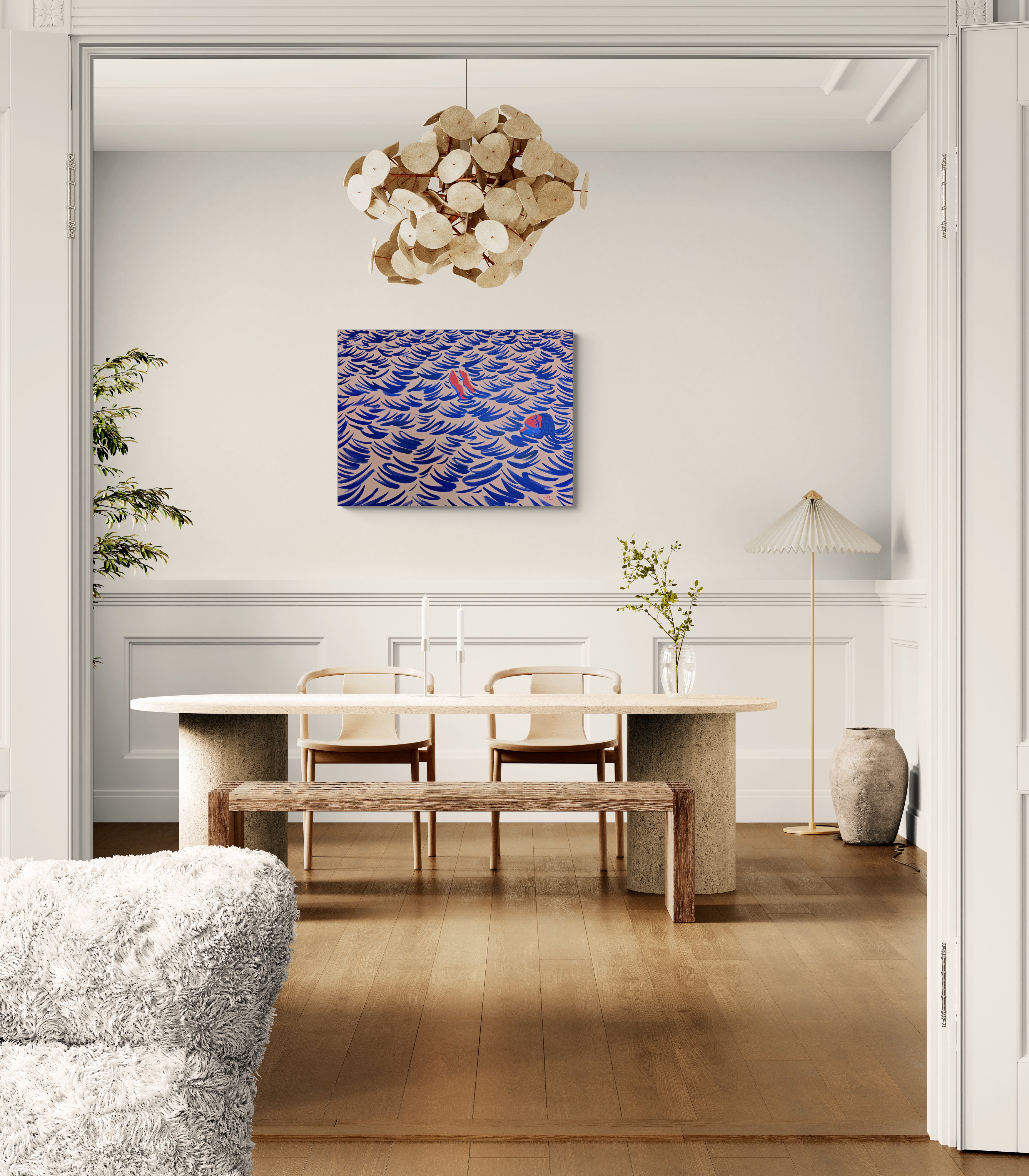 Toes Out, original painting by Fabian Lavater depicting a woman floating in the water in dining room