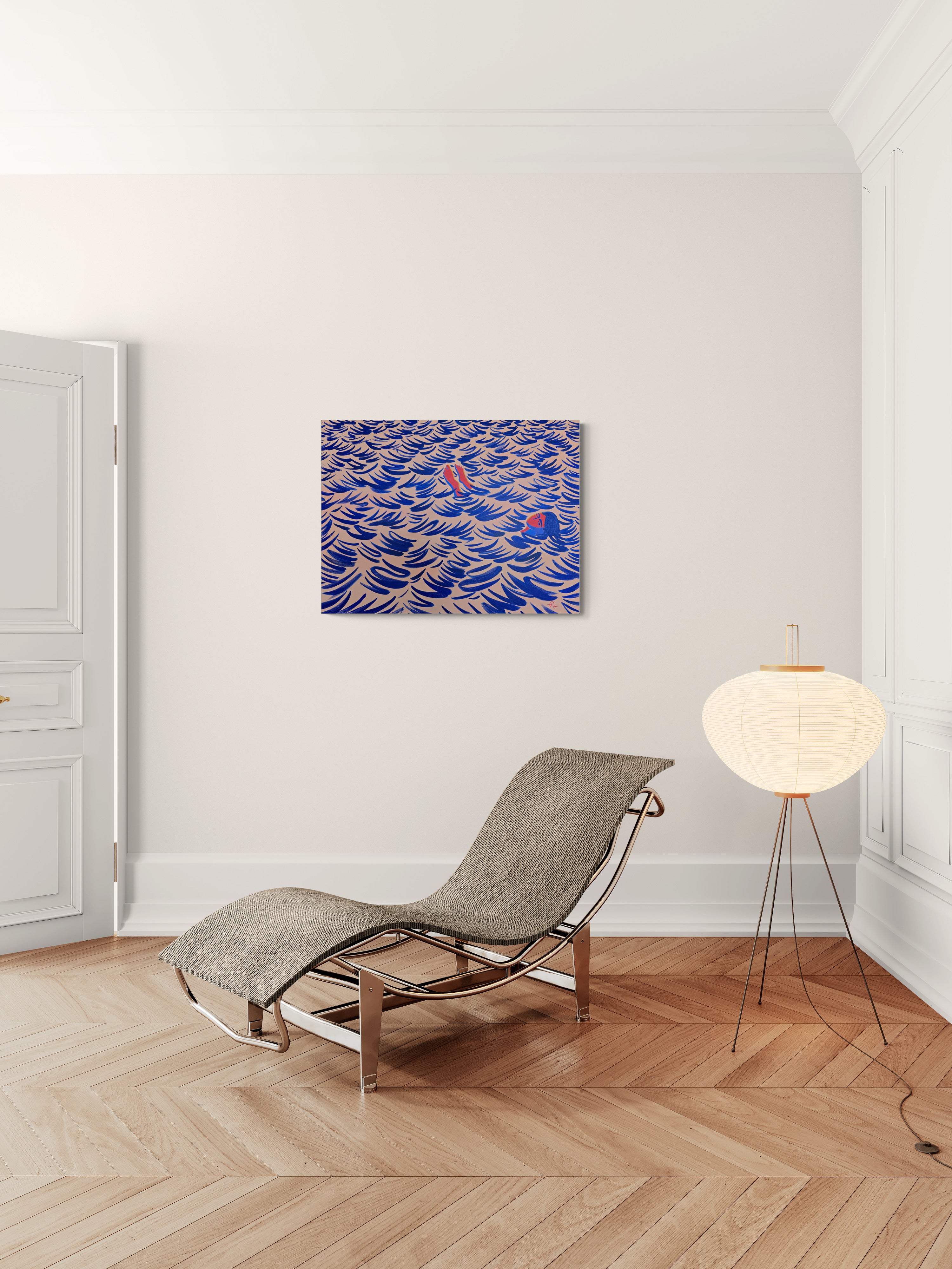 Toes Out, original painting by Fabian Lavater depicting a woman floating in the water above lounge chair