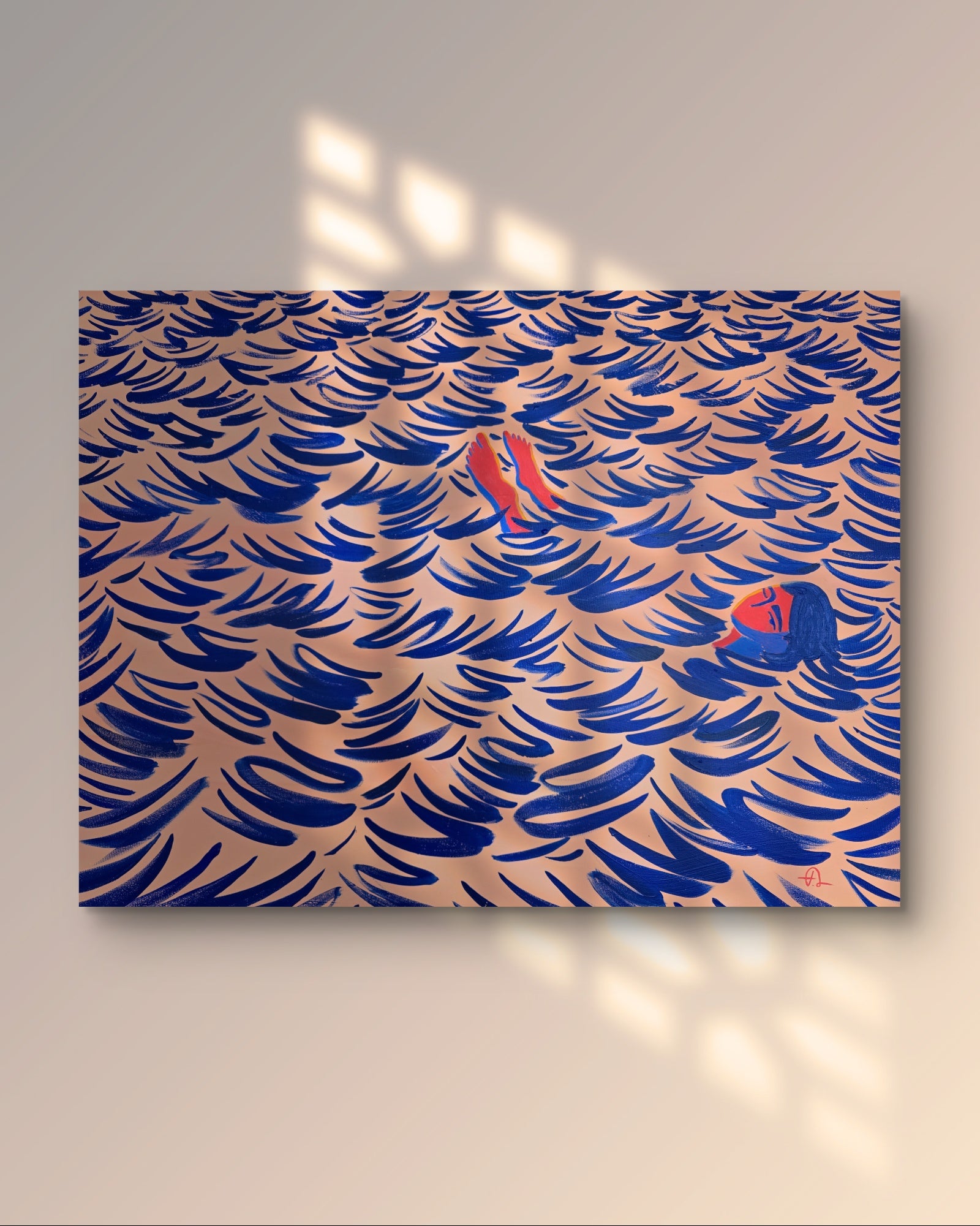 Toes Out, original painting by Fabian Lavater depicting a woman floating in the water natural light