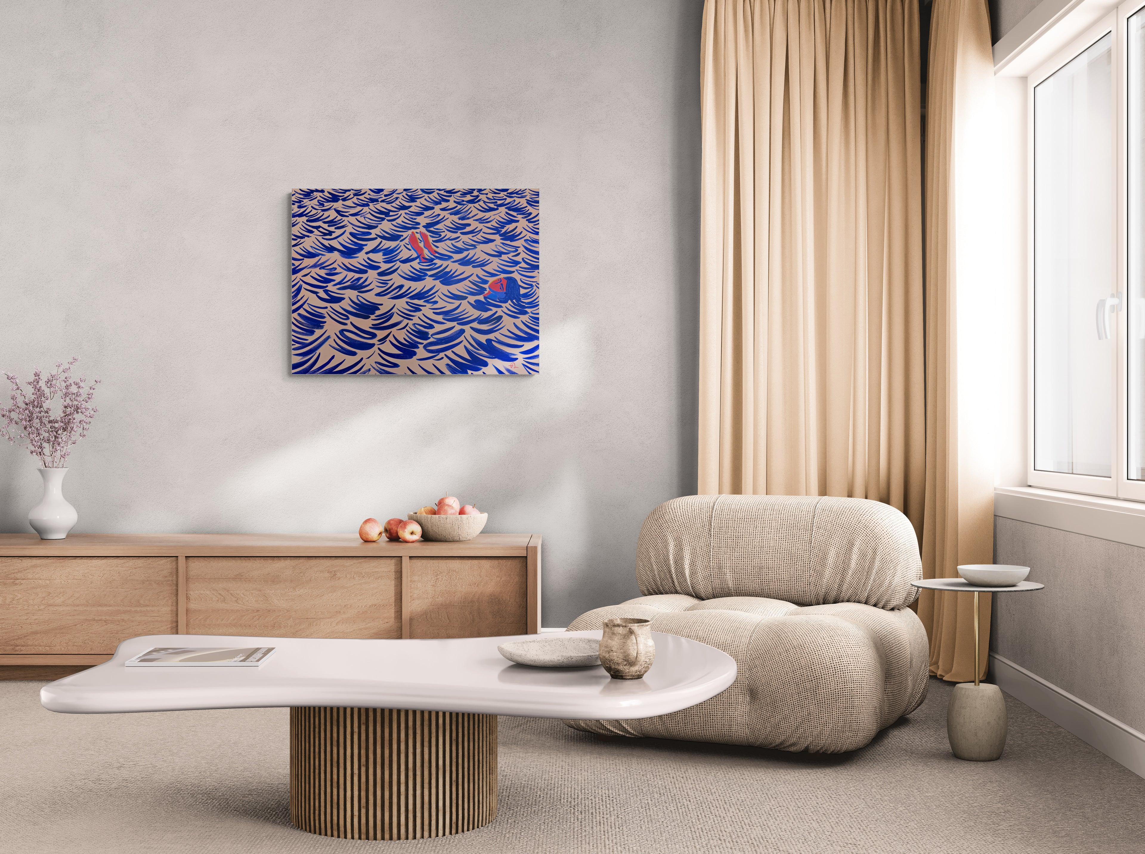 Toes Out, original painting by Fabian Lavater depicting a woman floating in the water in living room