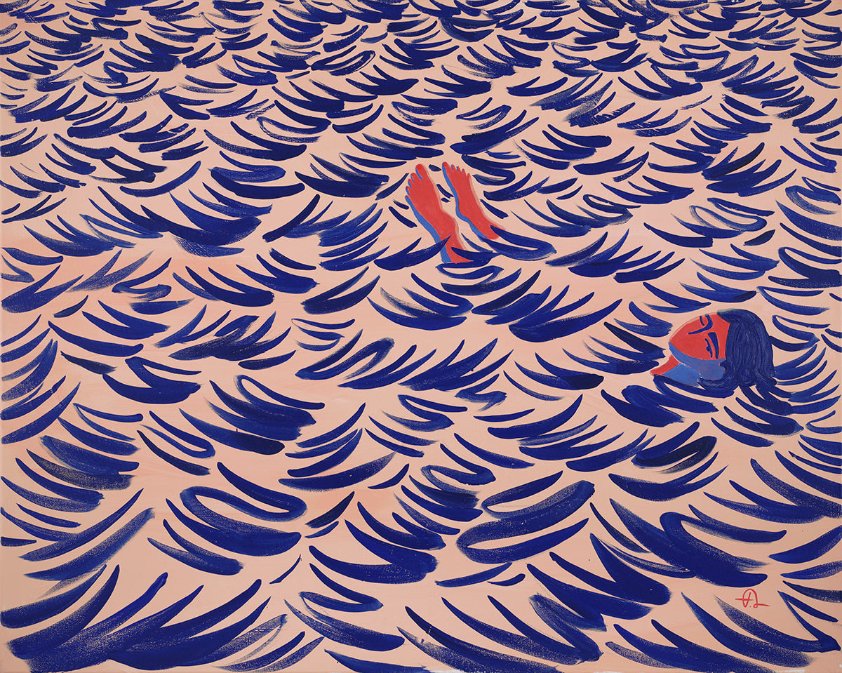 Toes Out, original painting by Fabian Lavater depicting a woman floating in the water