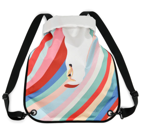 Drawstring bag with colorful striped pattern designed by Fabian Lavater.