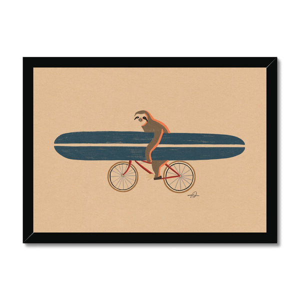 Sloth riding a bike holding a surfboard Framed Print