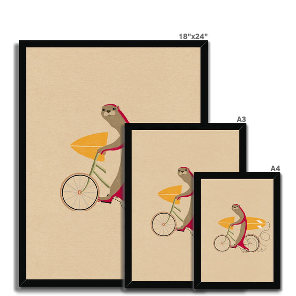 An otter riding a bike holding a surfboard Framed Print