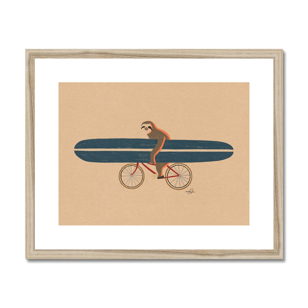 Sloth riding a bike holding a surfboard Framed & Mounted Print
