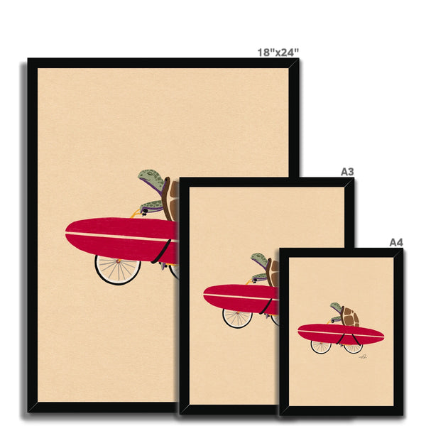 A turtle riding a bike with a surfboard Framed Print