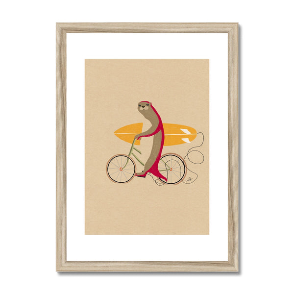 An otter riding a bike holding a surfboard Framed & Mounted Print