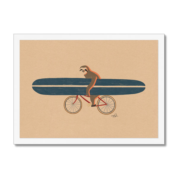 Sloth riding a bike holding a surfboard Framed Print