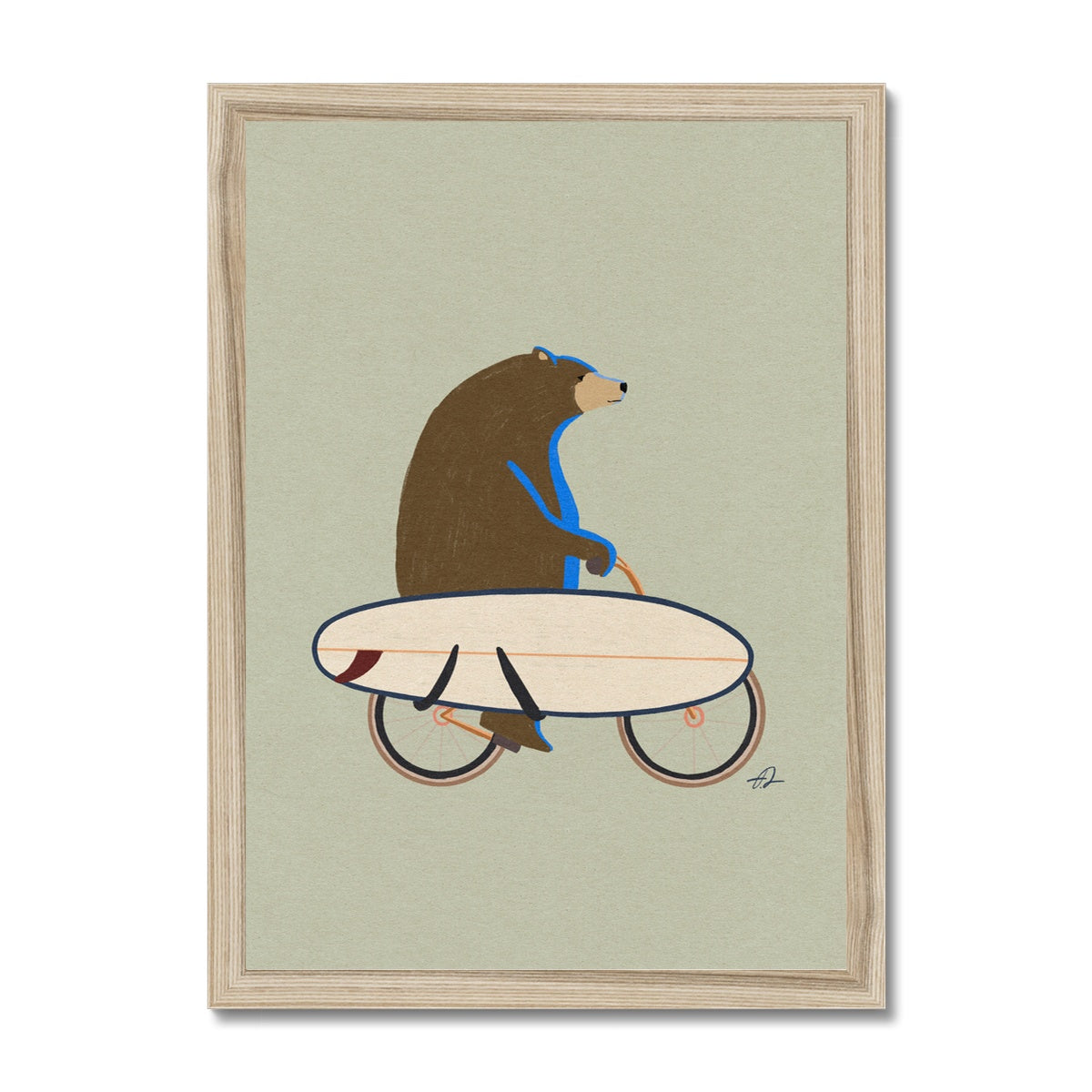 Grizzly riding a bike with a surfboard Framed Print