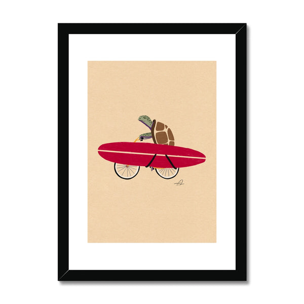 A turtle riding a bike with a surfboard Framed & Mounted Print