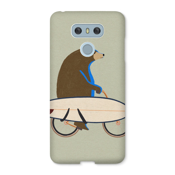 Grizzly riding a bike with a surfboard Snap Phone Case