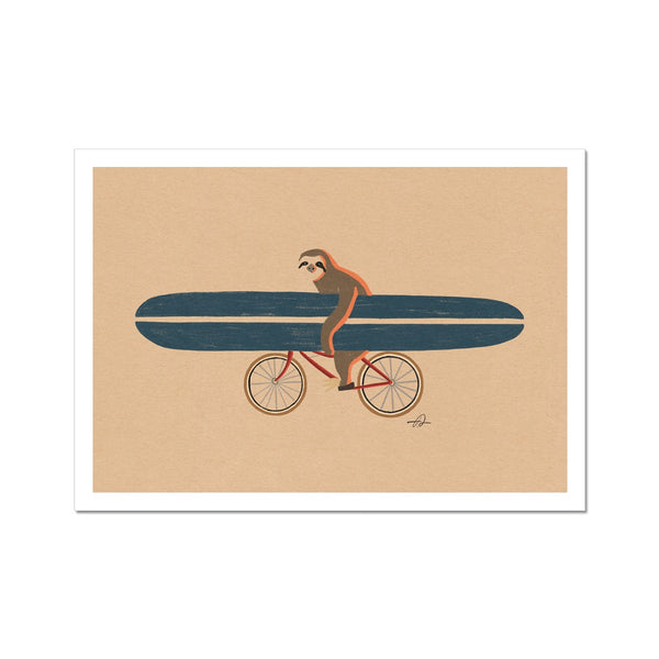 Sloth riding a bike holding a surfboard Art Print
