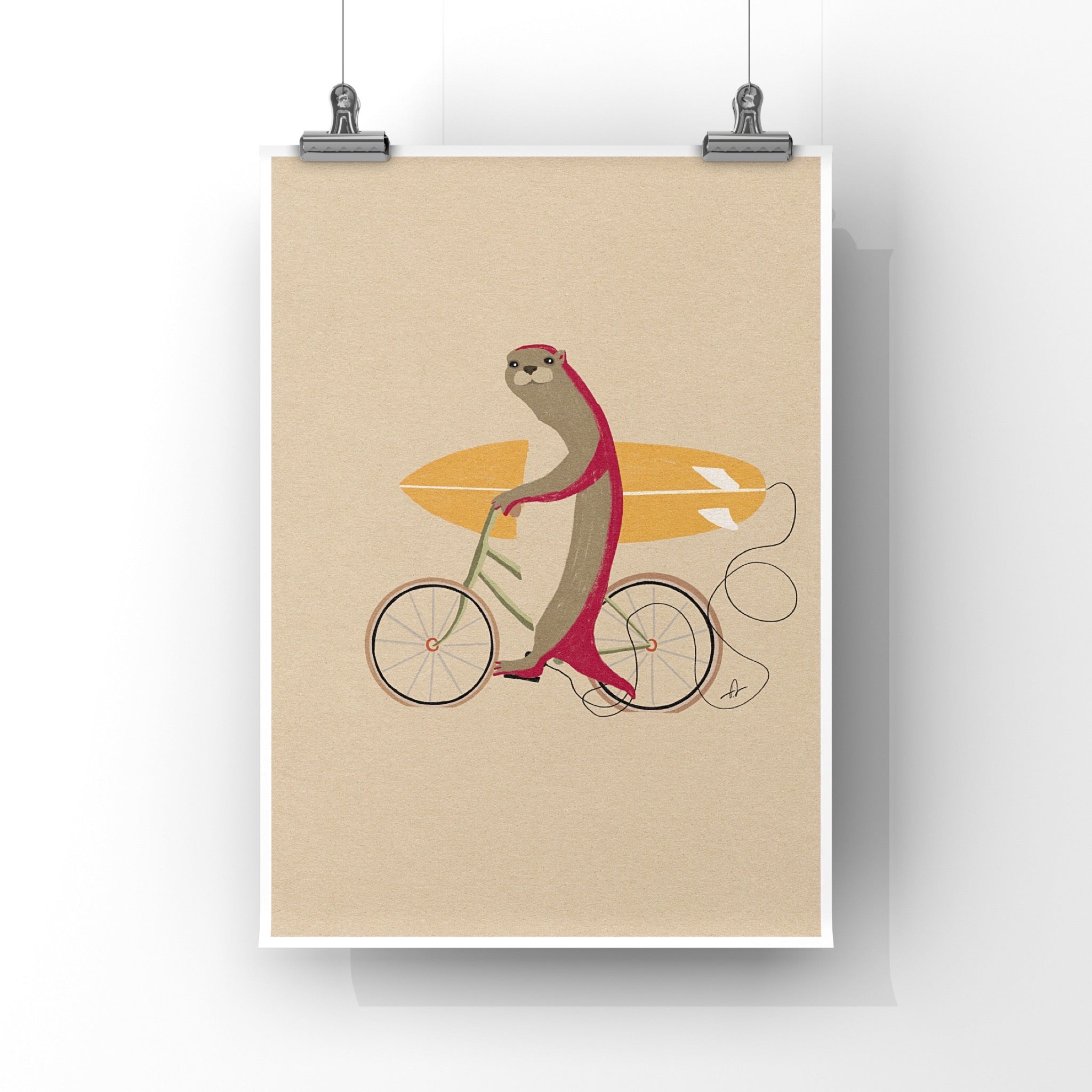 An otter riding a bike holding a surfboard Art Print