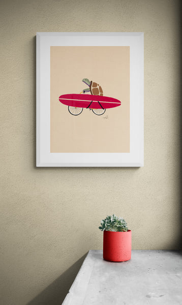 A turtle riding a bike with a surfboard Art Print
