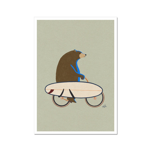 Grizzly riding a bike with a surfboard Art Print