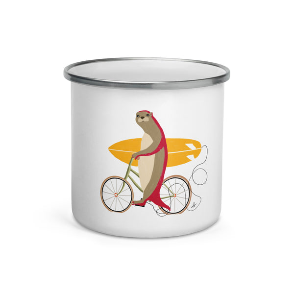 An otter riding a bike holding a surfboard Enamel Mug